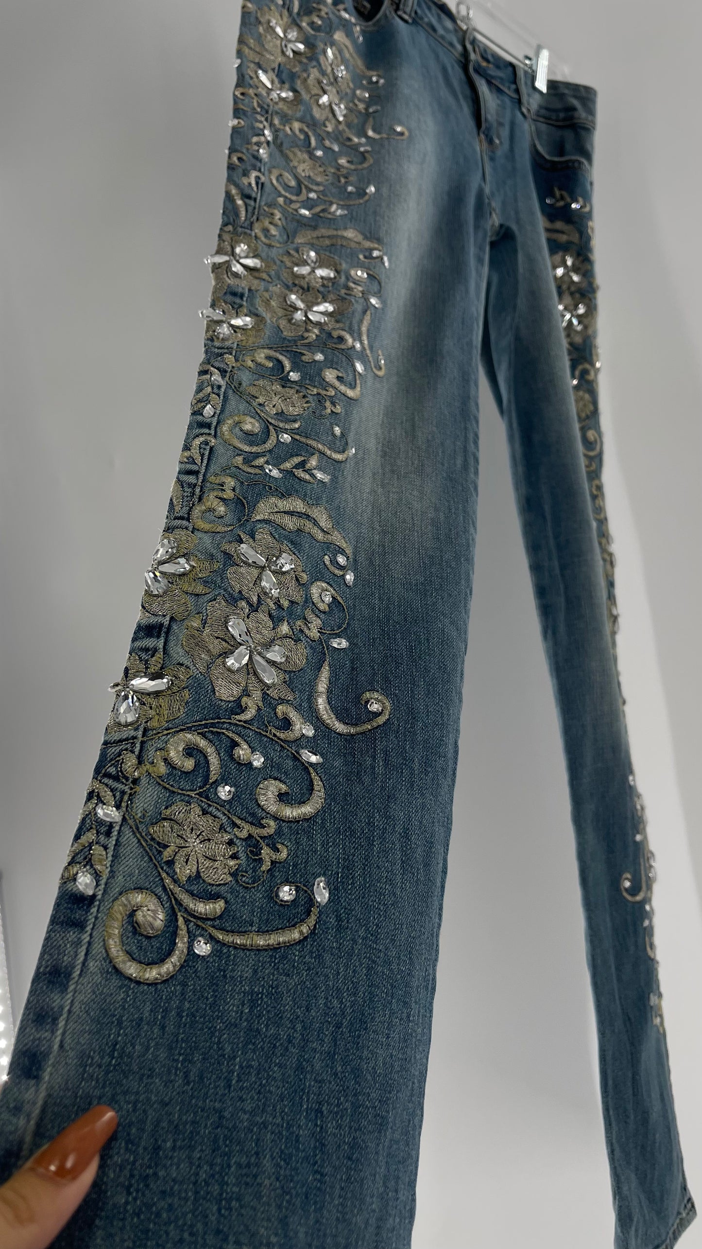 Jean London Jean Light Wash Waist Band to Hem Outer Leg Silver Embroidery with Crystal Rhinestones (6)