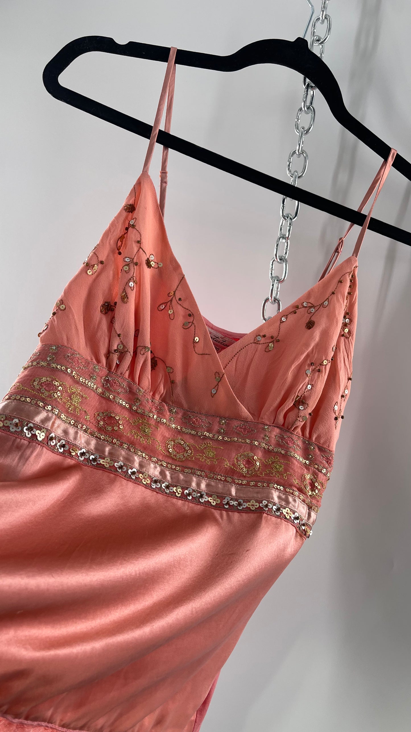 Deadstock Intuitions Pink/Salmon Tank with Lace Trim Hem and Beaded Bodice (Medium)