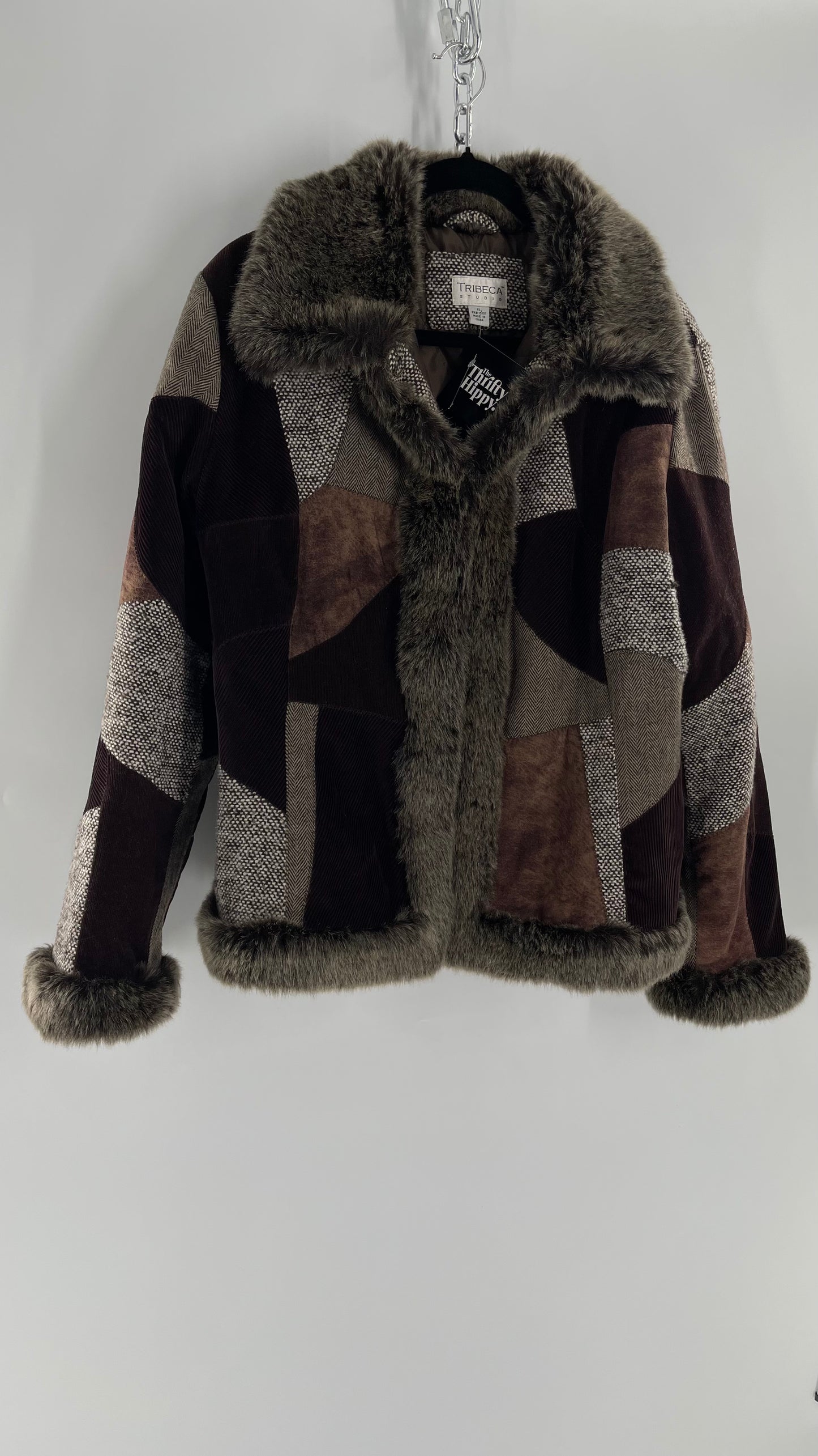 Vintage TRIBECA STUDIO Brown Patchwork Jacket with Faux Fur Piping and Colar + Quilted Lining (XL)