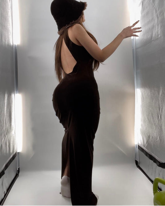 Vintage LAUNDRY Chocolate Velvet, Open Back Bodycon Maxi (Medium)