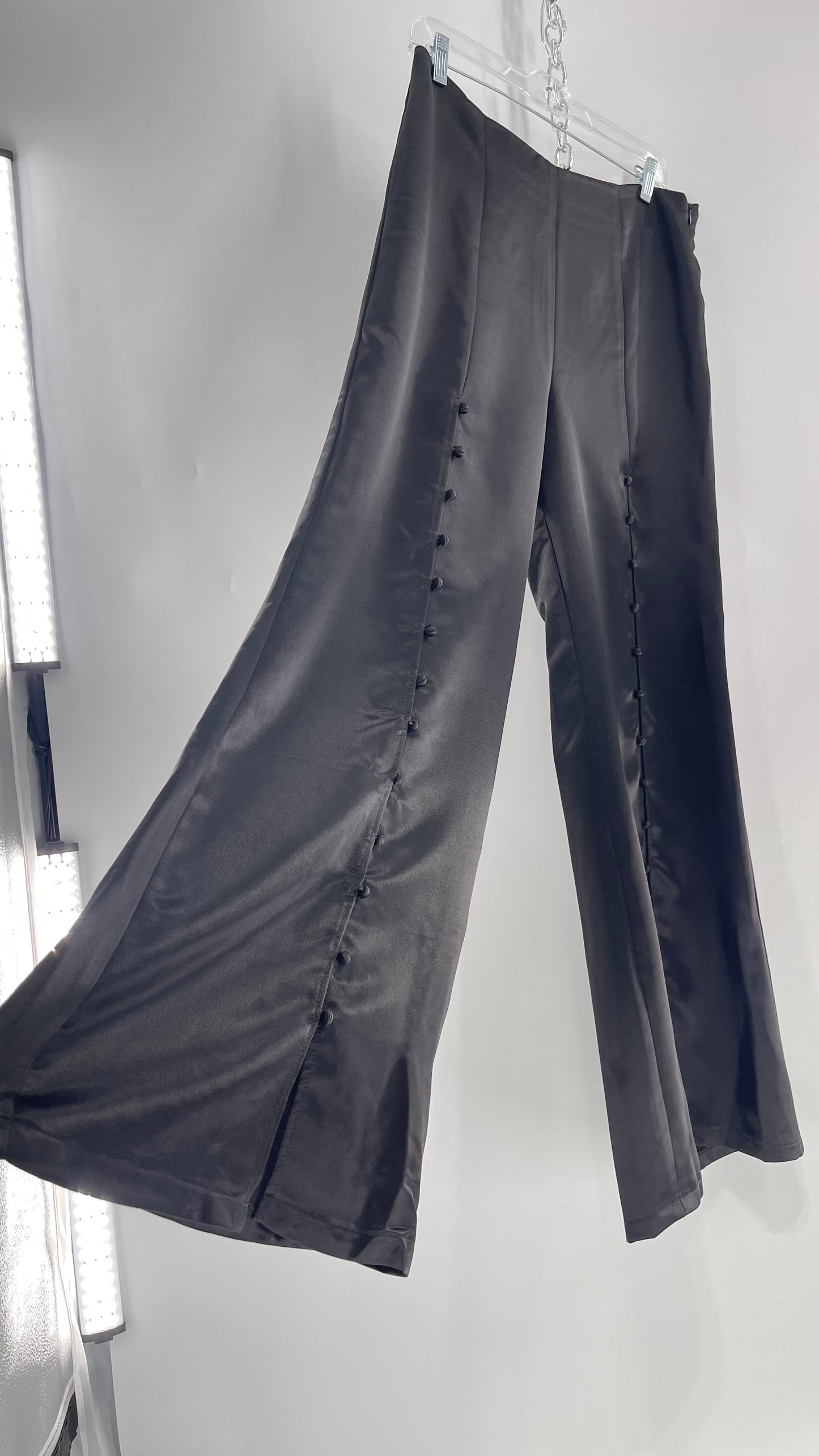 WHY Sultry Steps Black Satin Wide Leg Trouser with Vertical Strip of Satin Buttons (Medium)