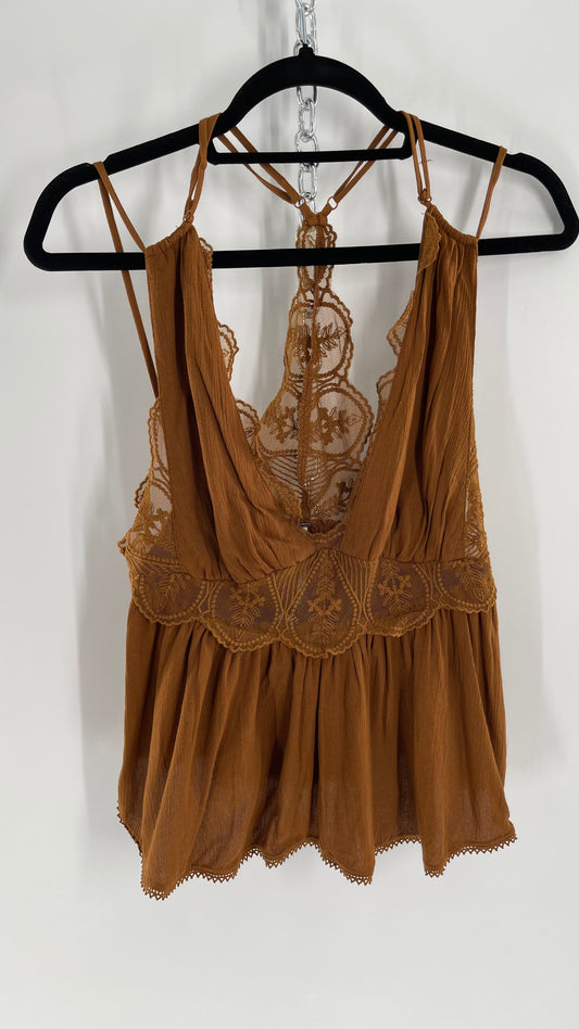 Free People Copper/Brown Voluminous Tank with Lace Detailing (XS)
