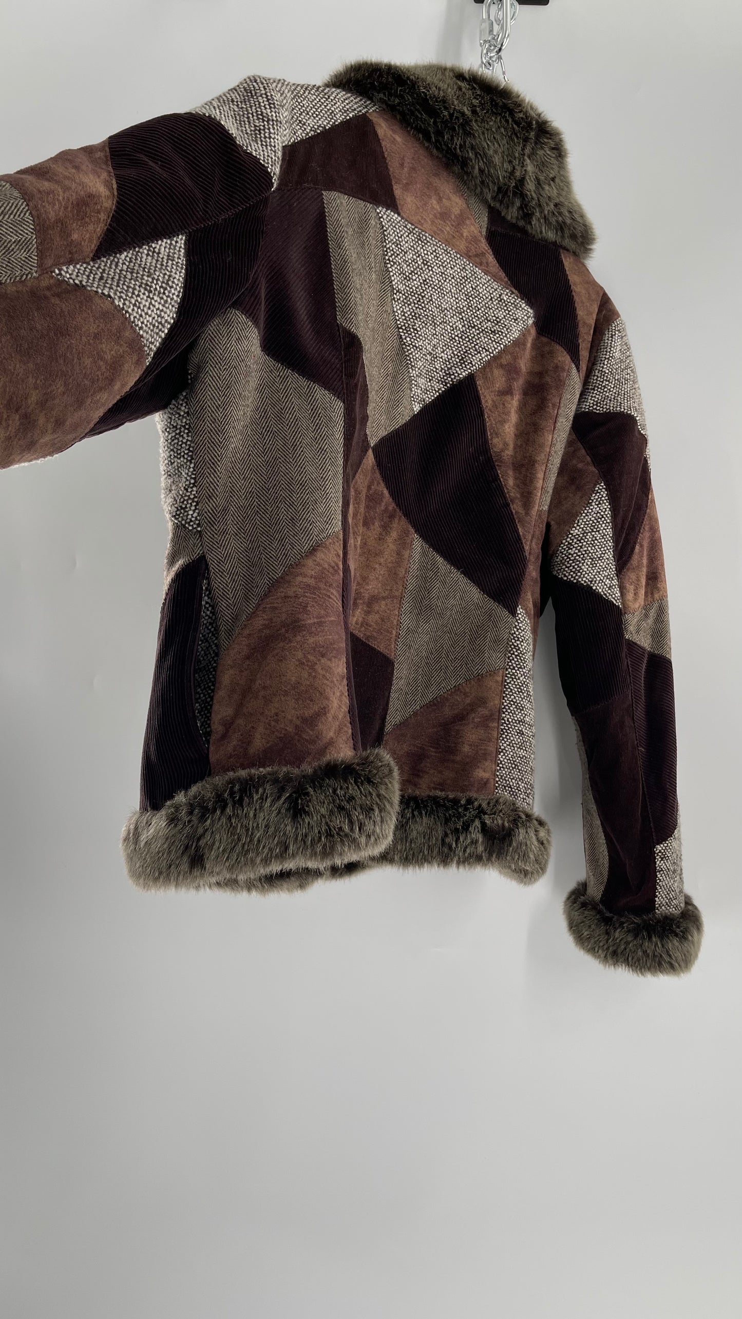 Vintage TRIBECA STUDIO Brown Patchwork Jacket with Faux Fur Piping and Colar + Quilted Lining (XL)