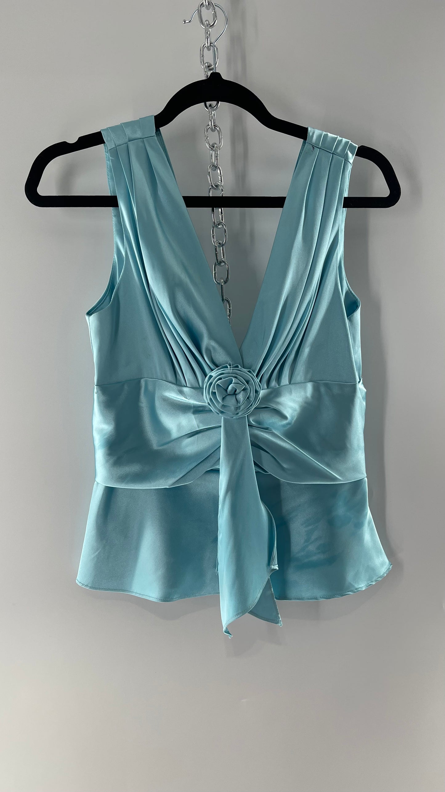 Vintage Jessica McClintock Baby Blue Satin  Pleated Sleeve Tank with Draping and Rosette (8)