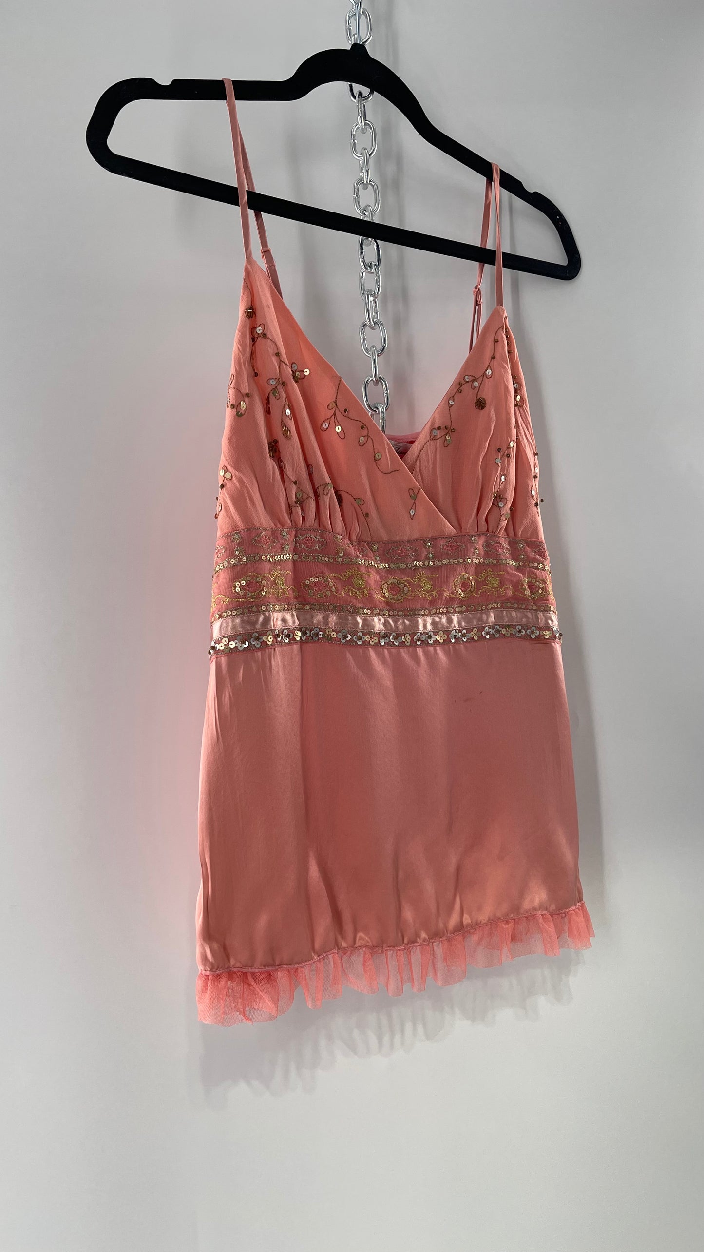 Deadstock Intuitions Pink/Salmon Tank with Lace Trim Hem and Beaded Bodice (Medium)