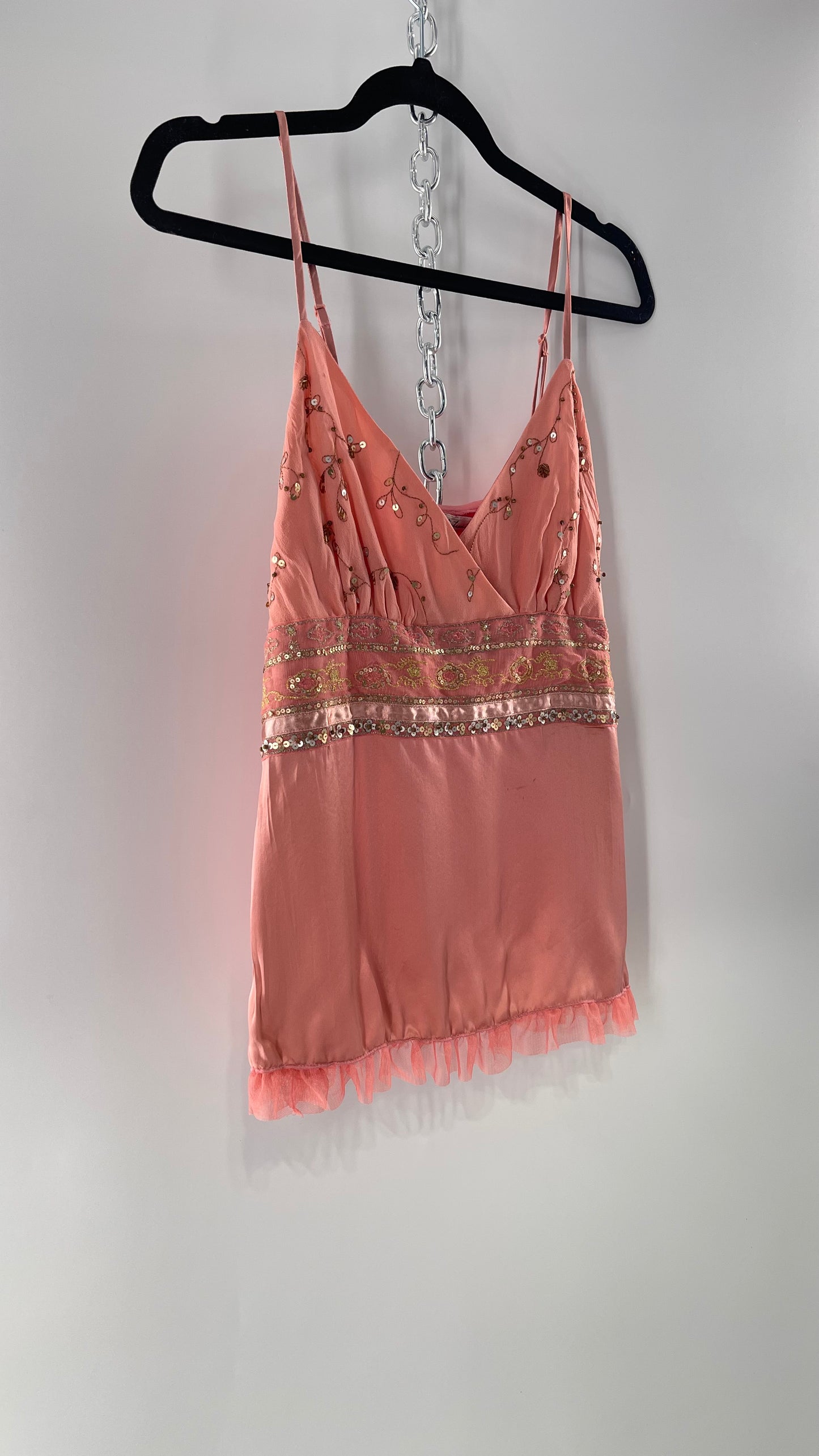 Deadstock Intuitions Pink/Salmon Tank with Lace Trim Hem and Beaded Bodice (Medium)