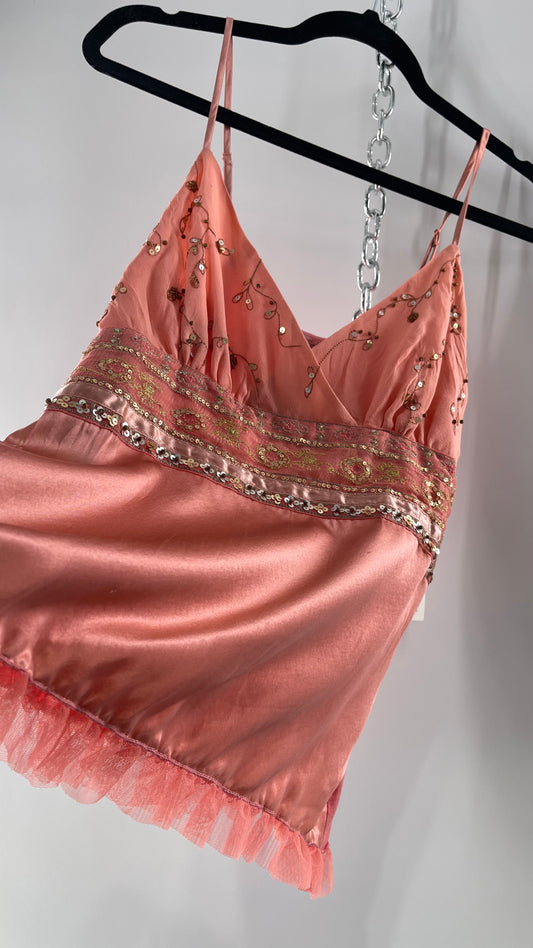 Deadstock Intuitions Pink/Salmon Tank with Lace Trim Hem and Beaded Bodice (Medium)