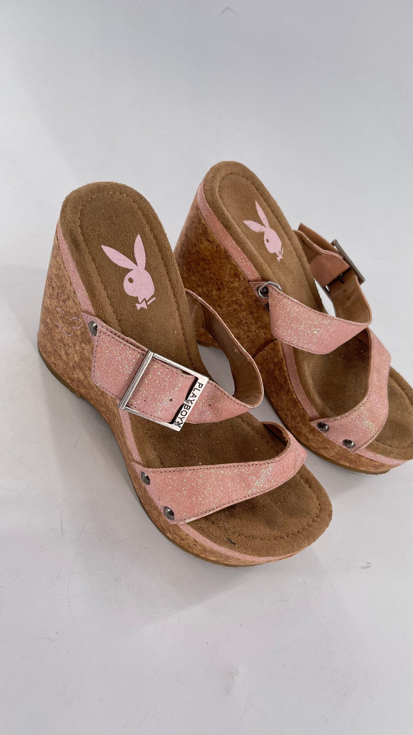 Playboy Pink Glitter Wedge Heel with Cork Heel and Playboy Engraved Buckle (6)