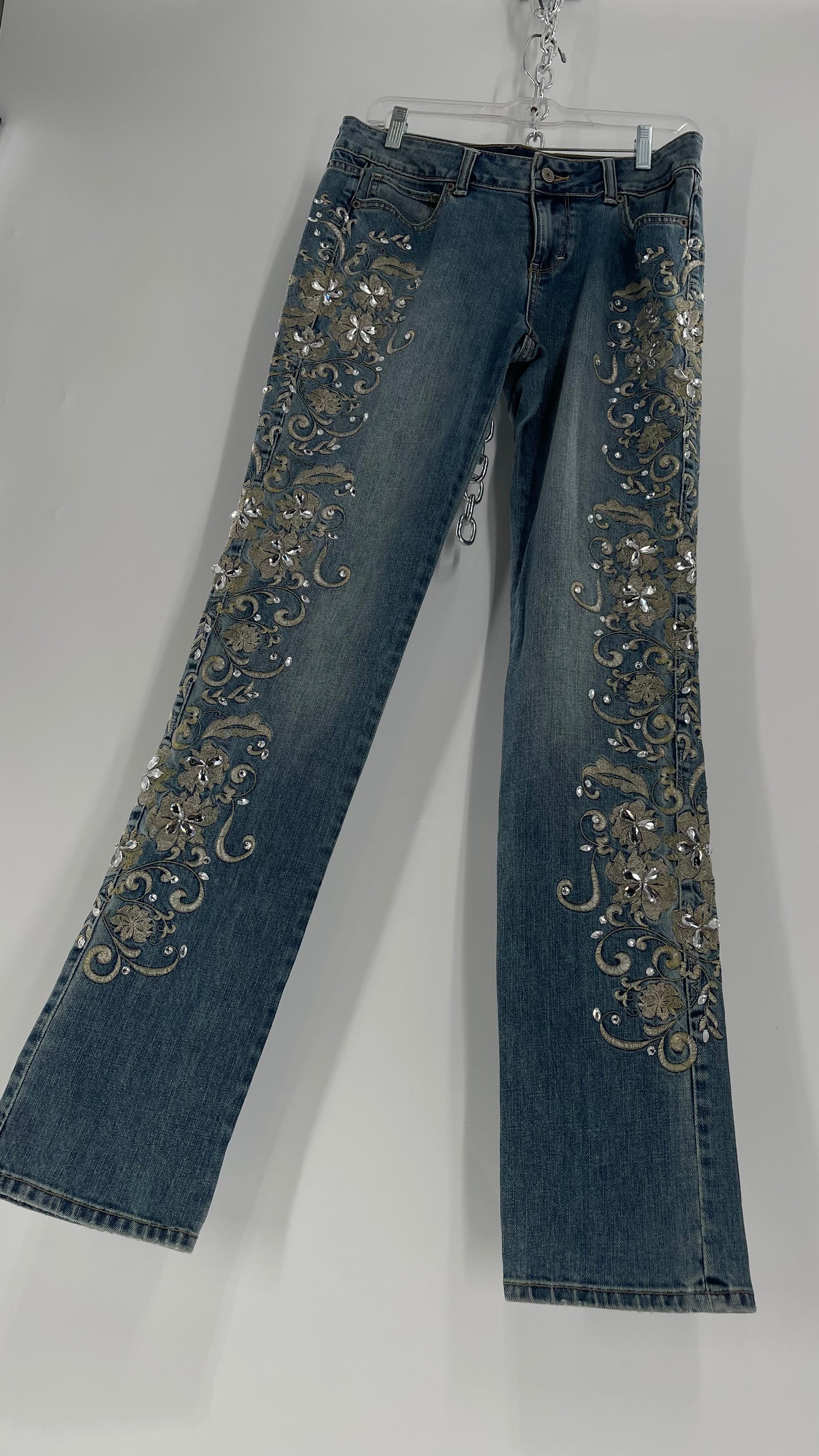 Jean London Jean Light Wash Waist Band to Hem Outer Leg Silver Embroidery with Crystal Rhinestones (6)