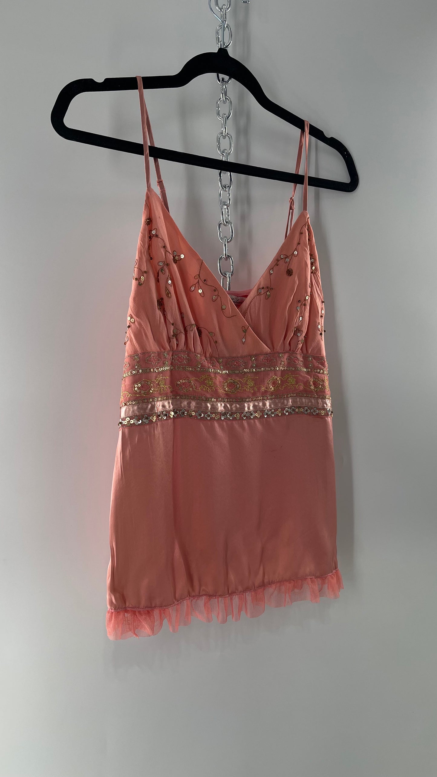 Deadstock Intuitions Pink/Salmon Tank with Lace Trim Hem and Beaded Bodice (Medium)