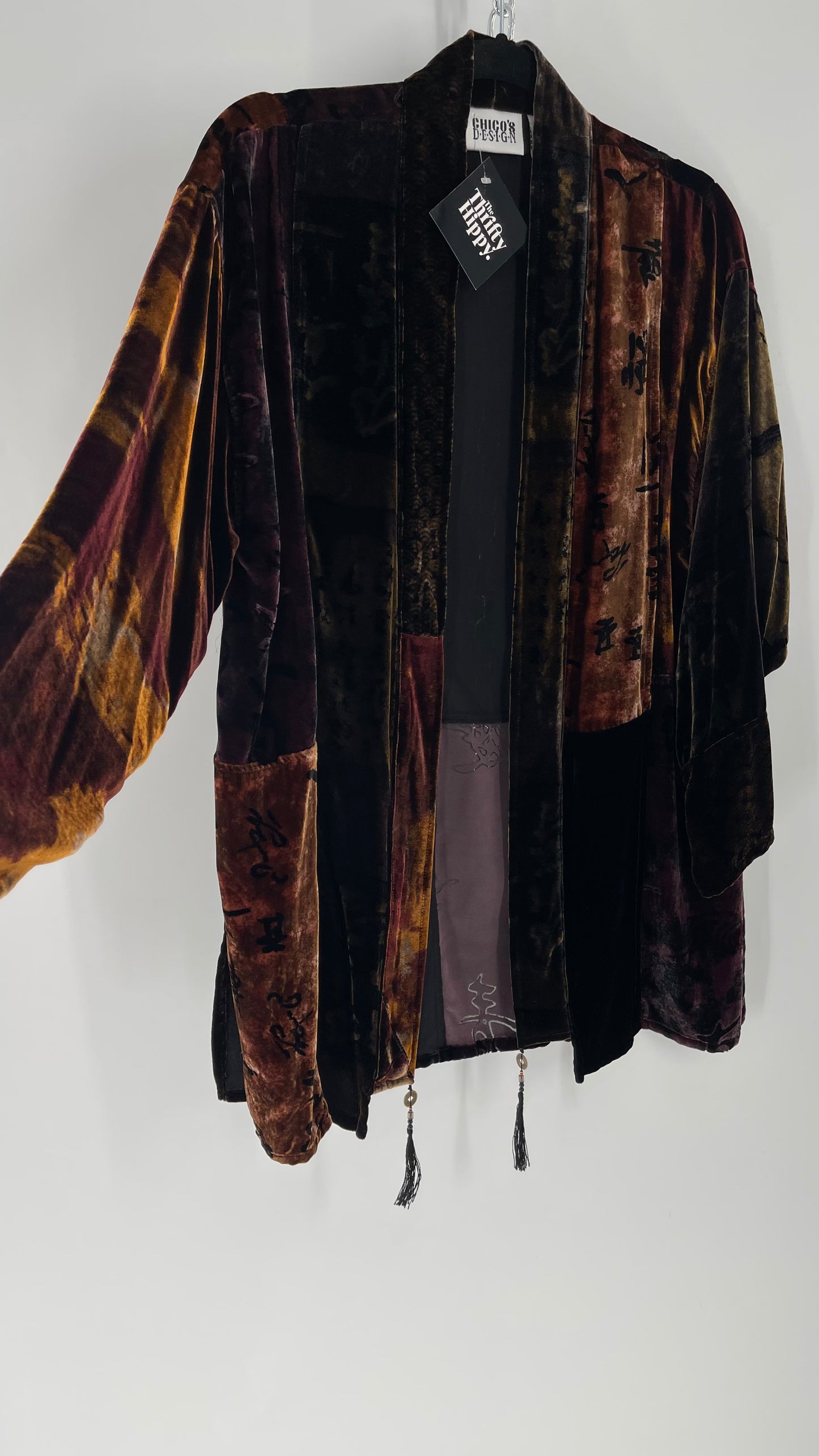 Vintage CHICOS Patchwork Burn Out Velvet Cardigan with Tassel Details