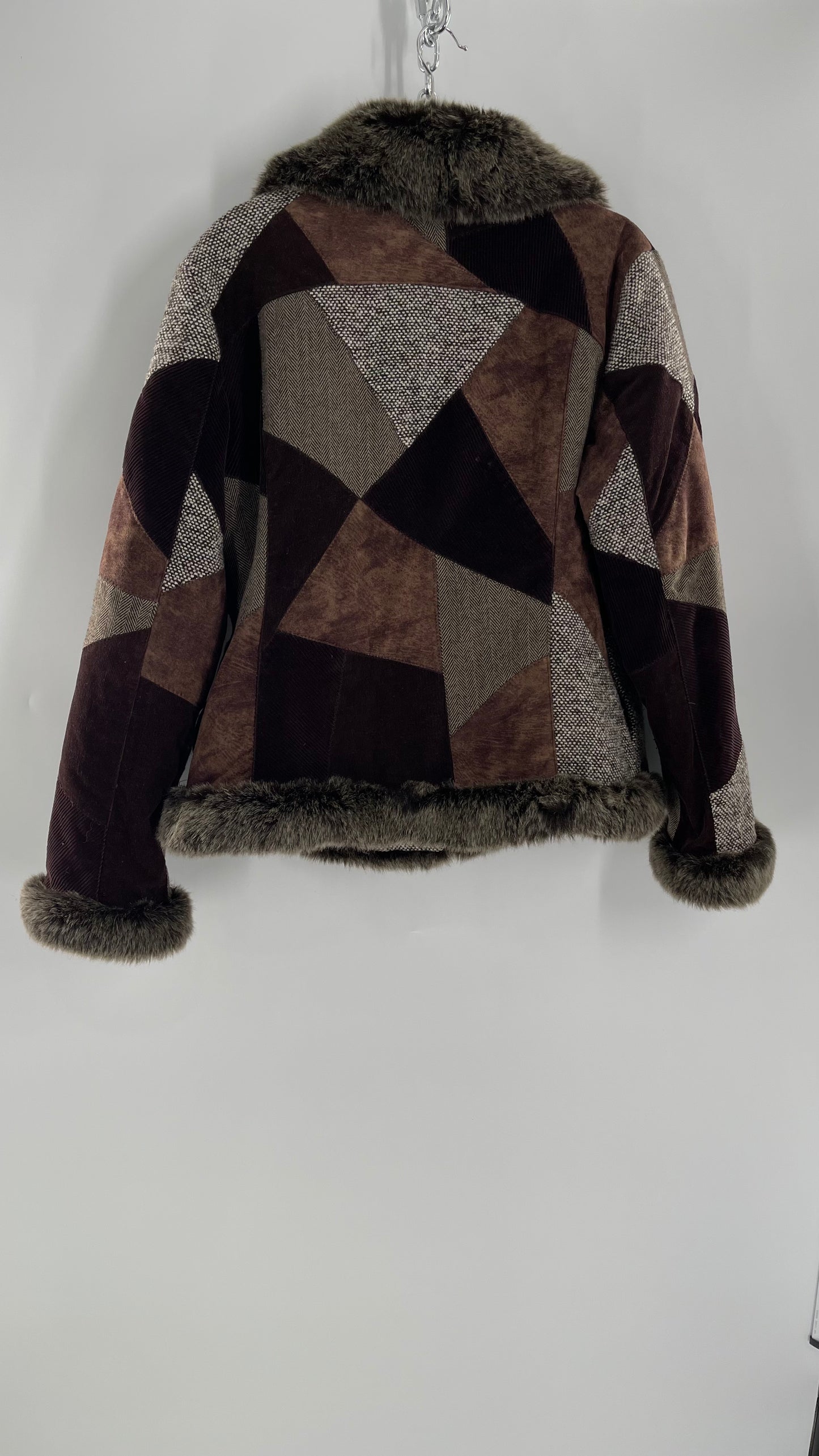 Vintage TRIBECA STUDIO Brown Patchwork Jacket with Faux Fur Piping and Colar + Quilted Lining (XL)