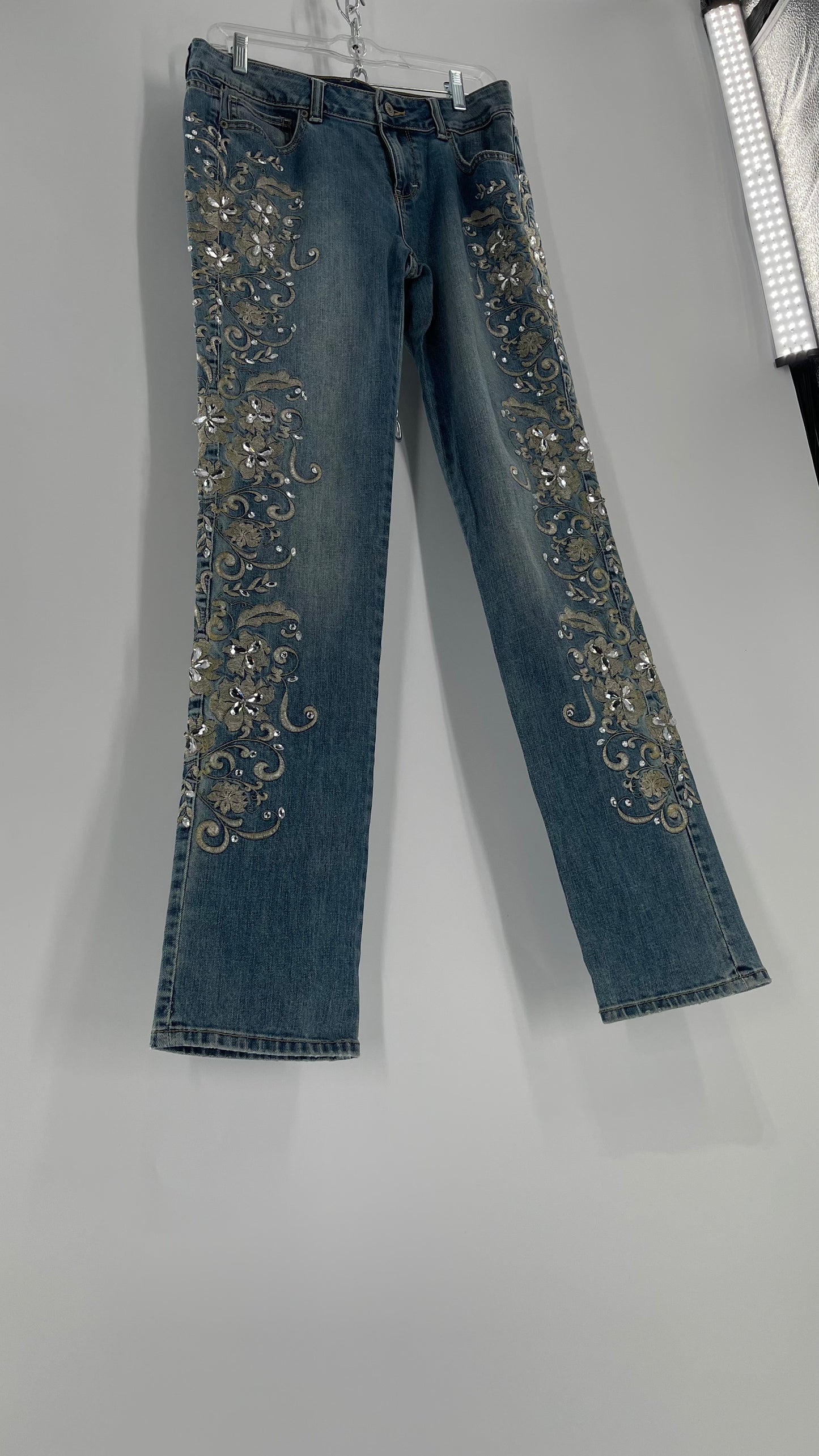 Jean London Jean Light Wash Waist Band to Hem Outer Leg Silver Embroidery with Crystal Rhinestones (6)