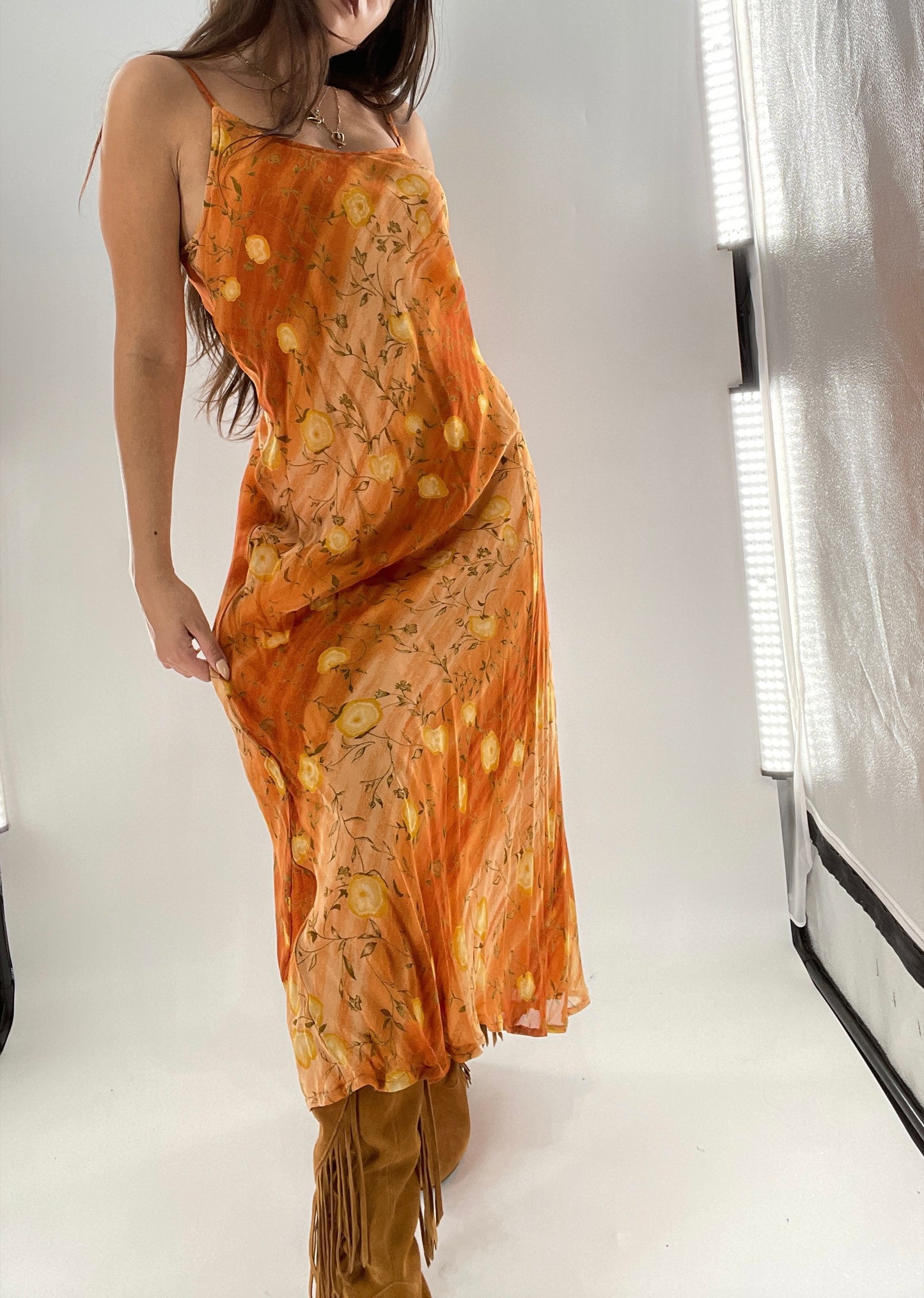 Deadstock Vintage 1990s Sacred Threads Midi Sunset Ombré Dress with Yellow Flowers  (M/L)