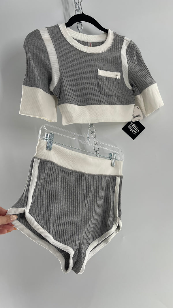 Free People Grey Knit Jersey Loungewear Set with Cropped Short Sleeve and Shorts (XS)