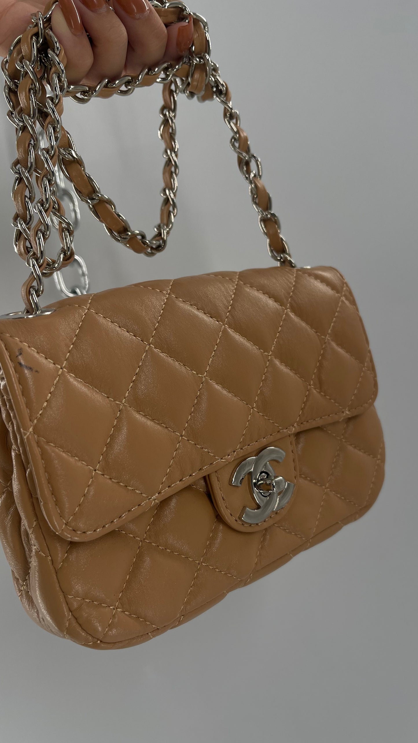 Tan Metallic Quilted Inauthentic Chanel Bag with Silver Chain Strap