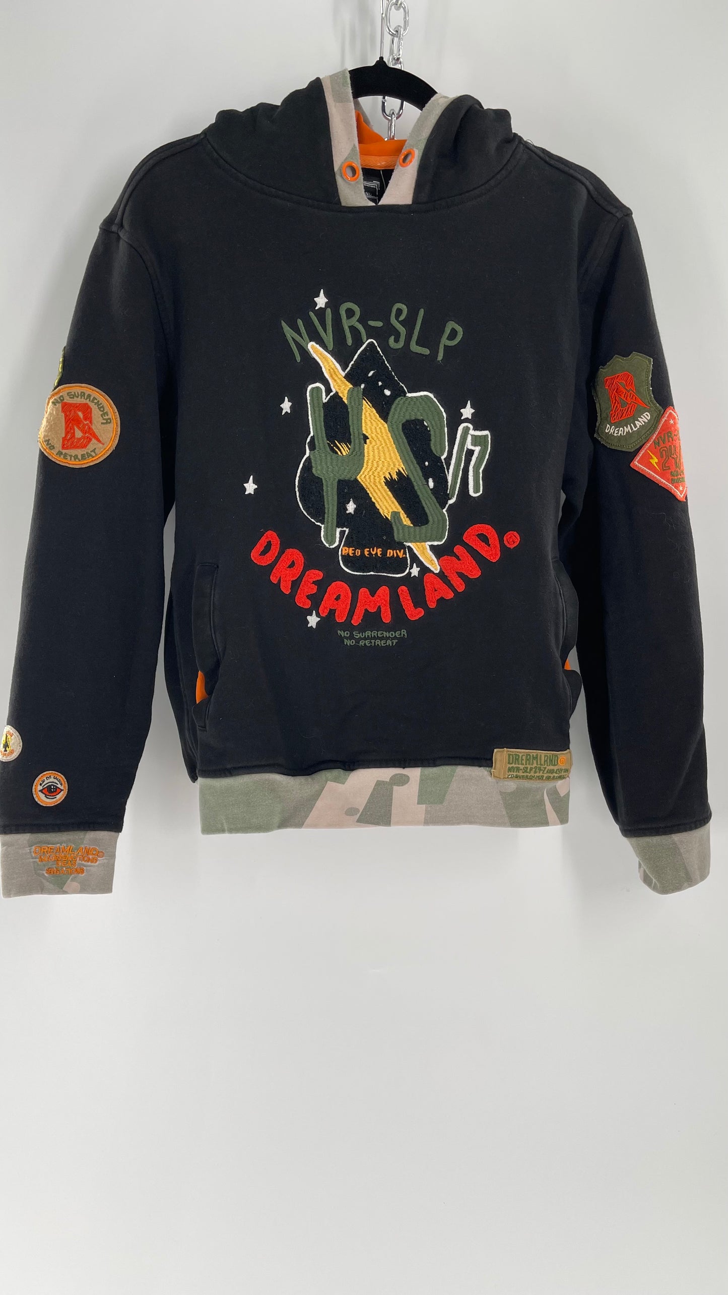 DREAMLAND Black Hoodie with Heavy Embroidered Details and Patches  (Medium)