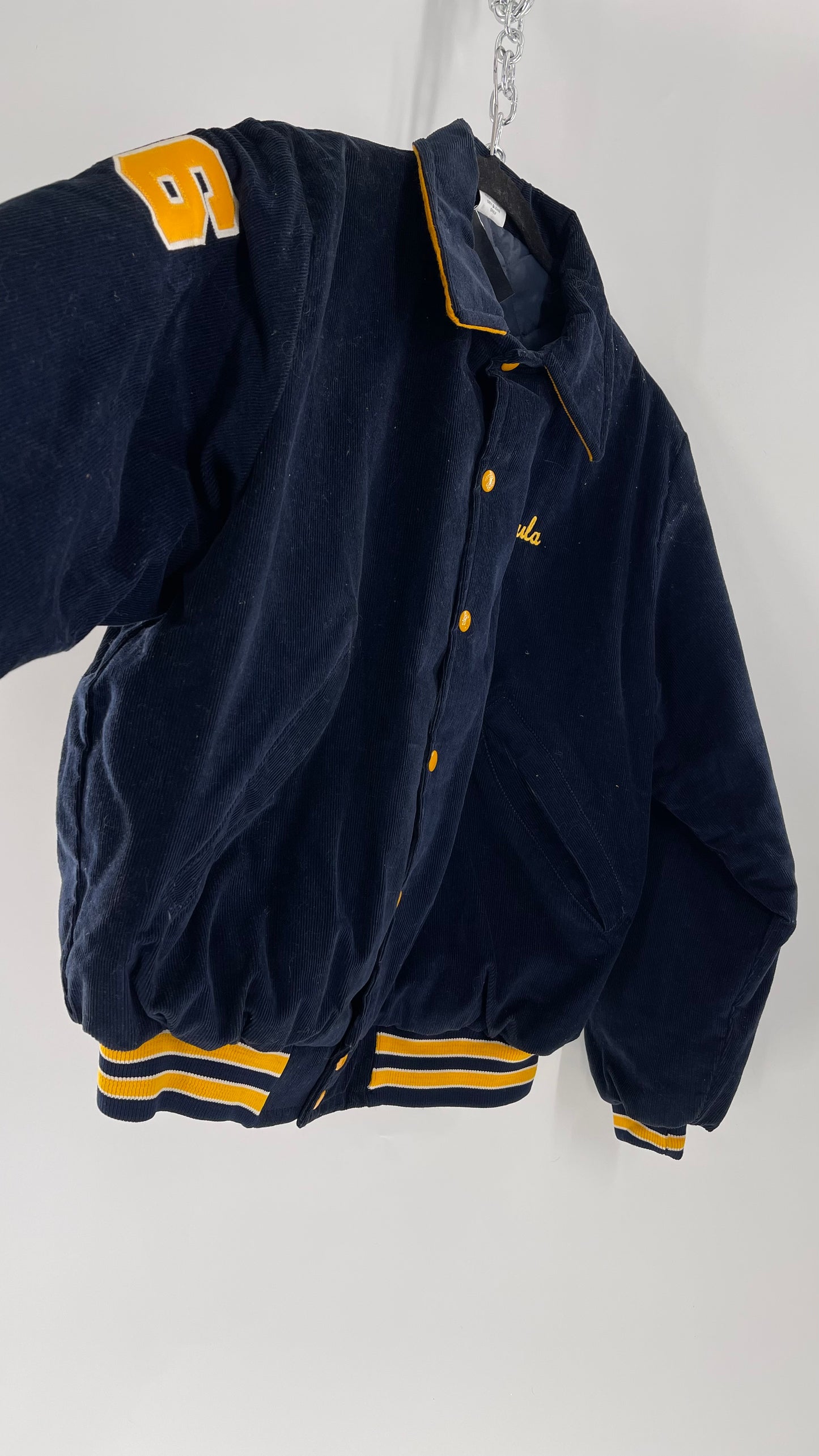 Birdie Vintage Phi Sigma Sigma Navy Blue Corduroy Varsity/Sorority Jacket with Contrast Yellow Patches and Embroidered “Paula” Monogram (Large)