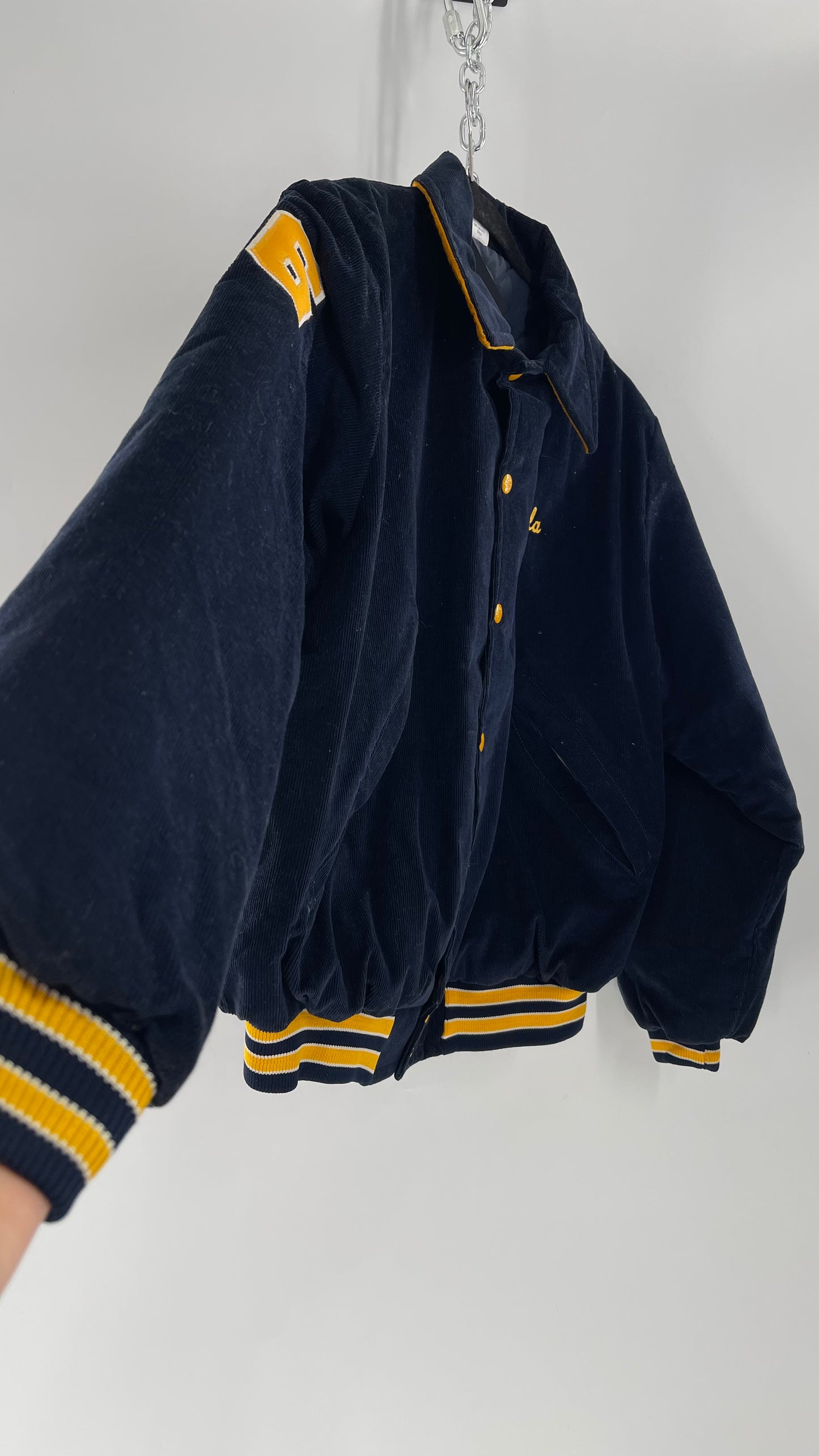 Birdie Vintage Phi Sigma Sigma Navy Blue Corduroy Varsity/Sorority Jacket with Contrast Yellow Patches and Embroidered “Paula” Monogram (Large)