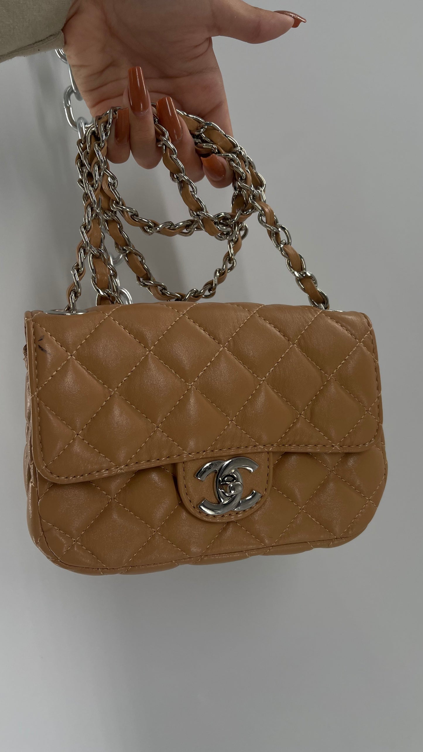 Tan Metallic Quilted Inauthentic Chanel Bag with Silver Chain Strap
