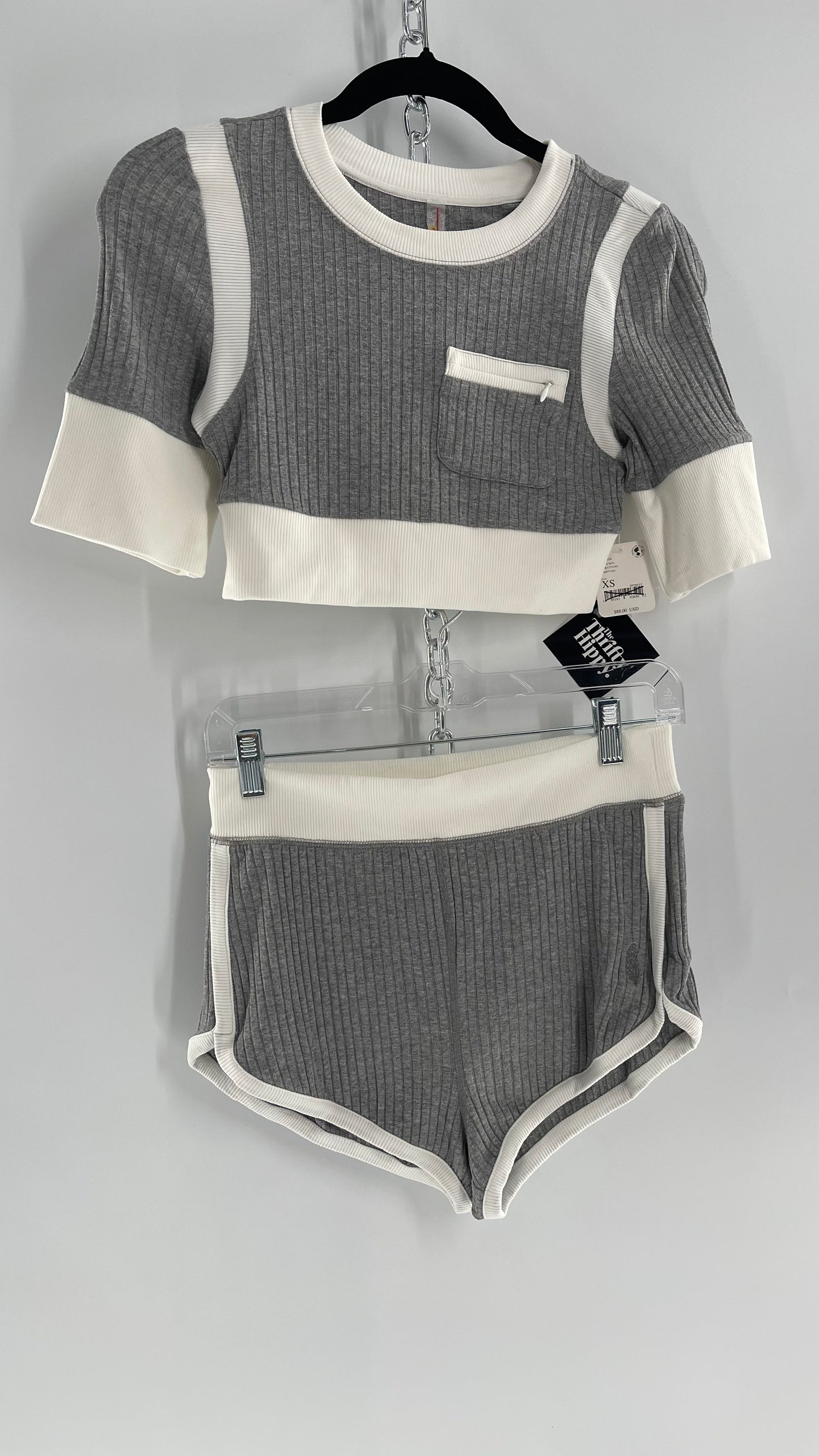 Free People Grey Knit Jersey Loungewear Set with Cropped Short Sleeve and Shorts (XS)