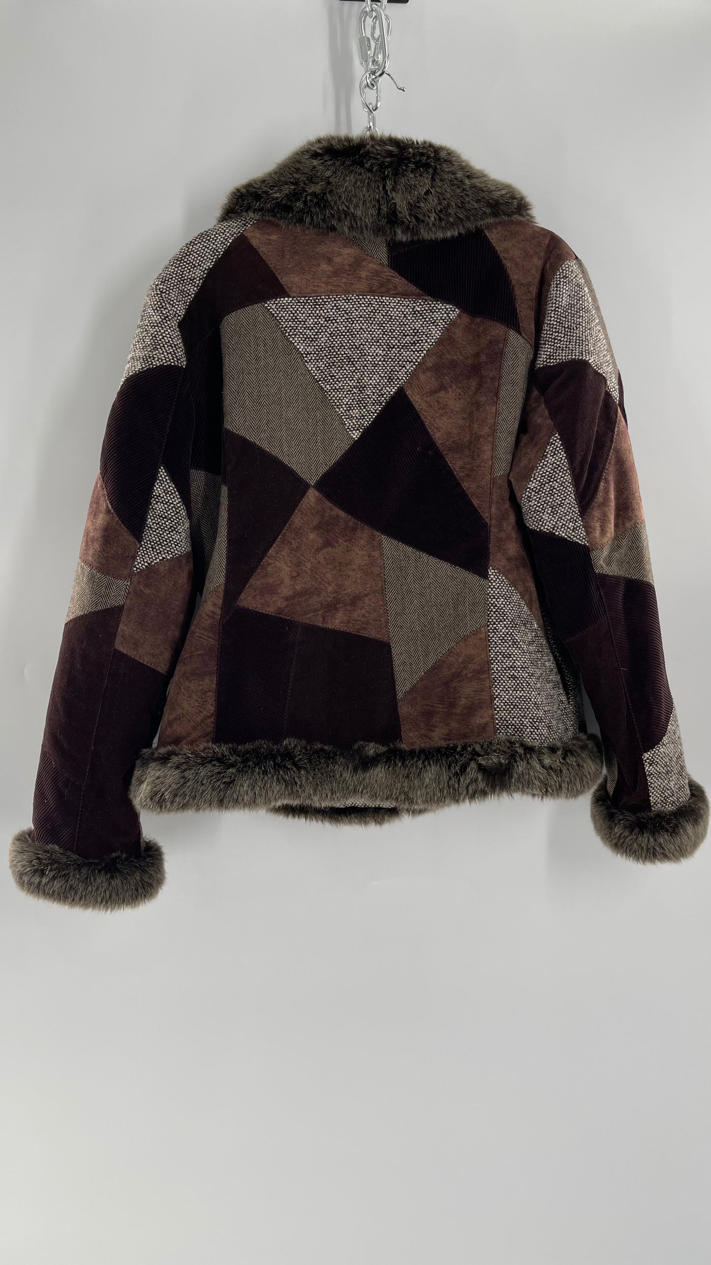 Vintage TRIBECA STUDIO Brown Patchwork Jacket with Faux Fur Piping and Colar + Quilted Lining (XL)