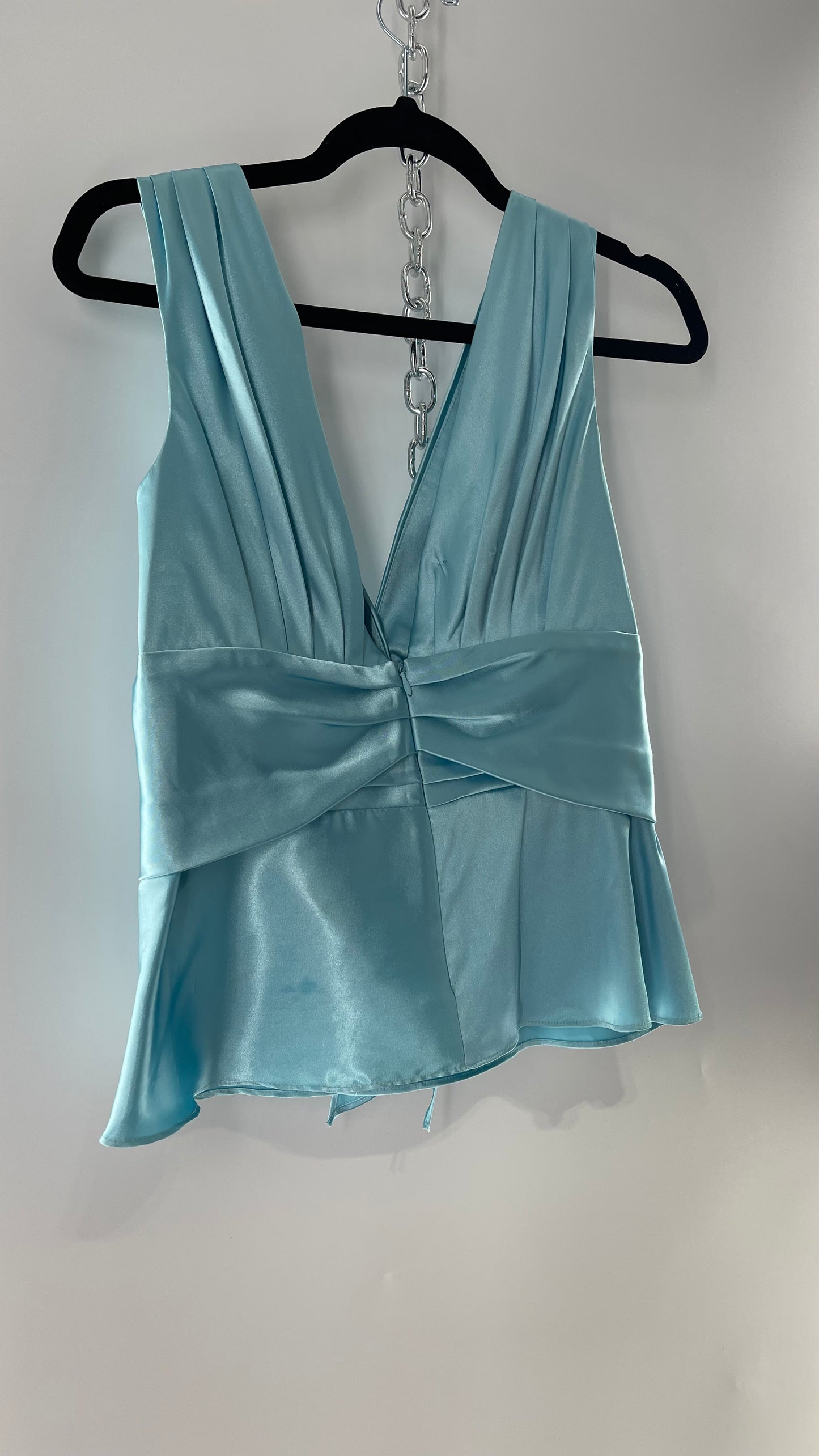 Vintage Jessica McClintock Baby Blue Satin  Pleated Sleeve Tank with Draping and Rosette (8)