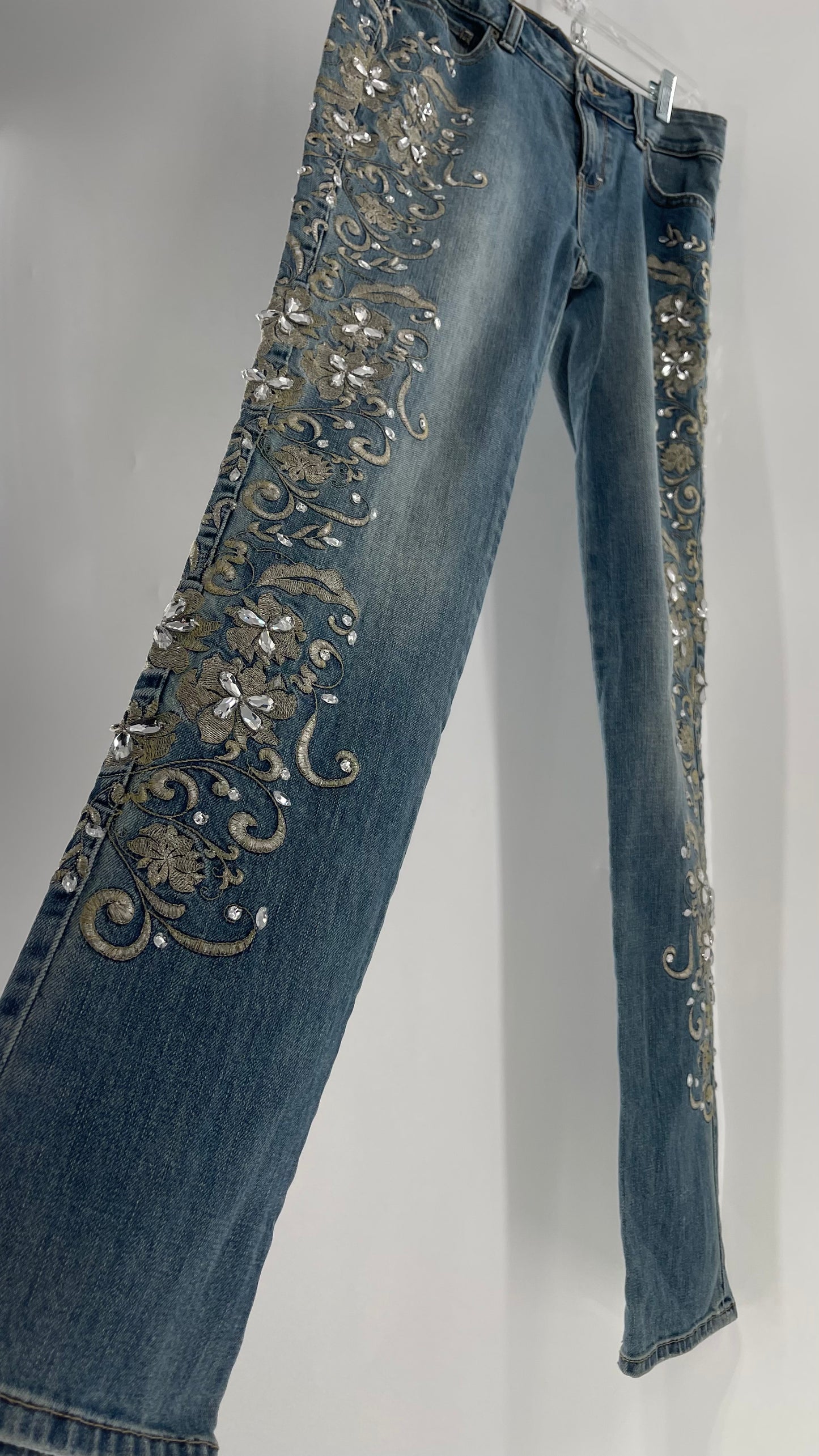 Jean London Jean Light Wash Waist Band to Hem Outer Leg Silver Embroidery with Crystal Rhinestones (6)