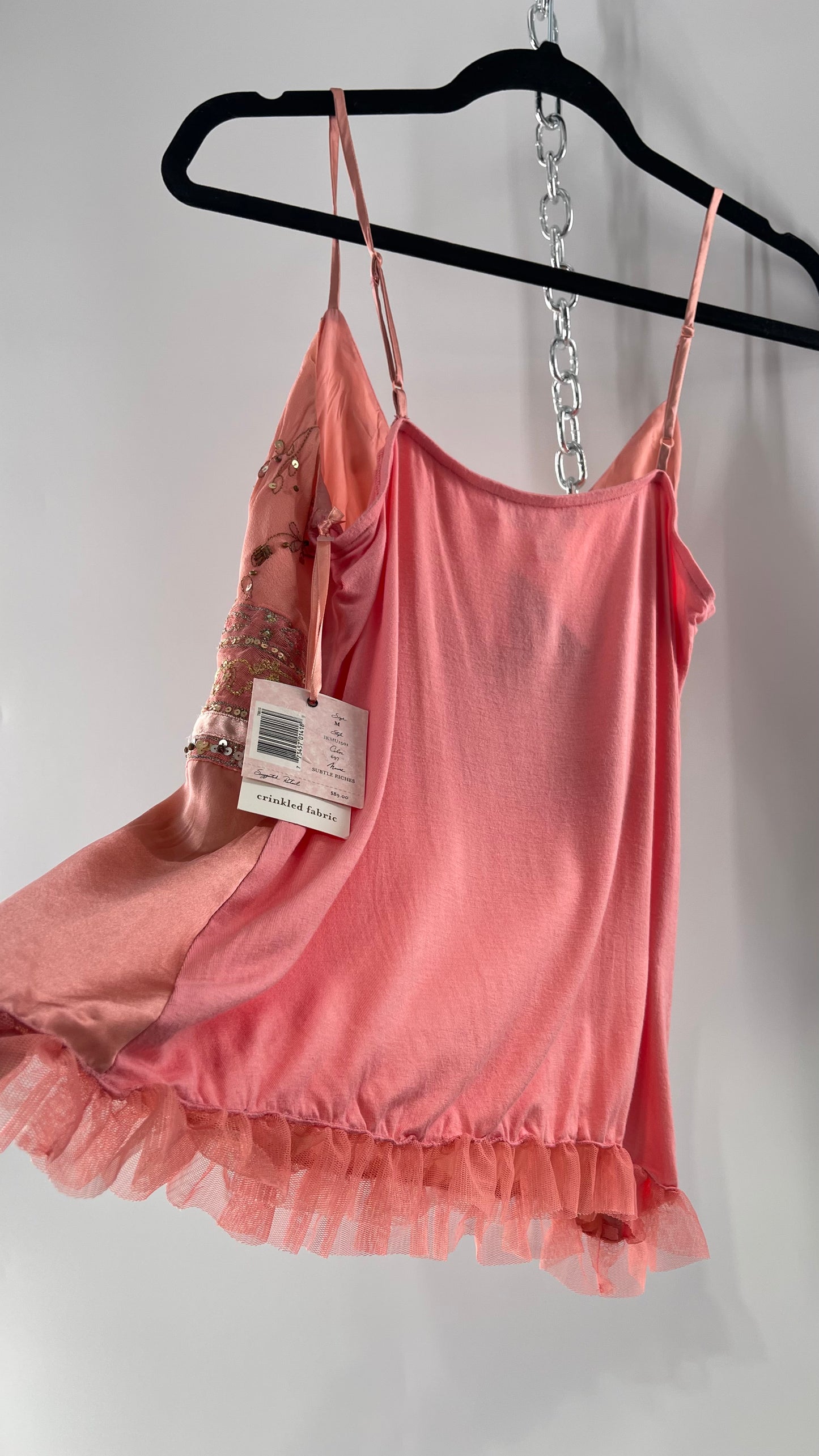 Deadstock Intuitions Pink/Salmon Tank with Lace Trim Hem and Beaded Bodice (Medium)