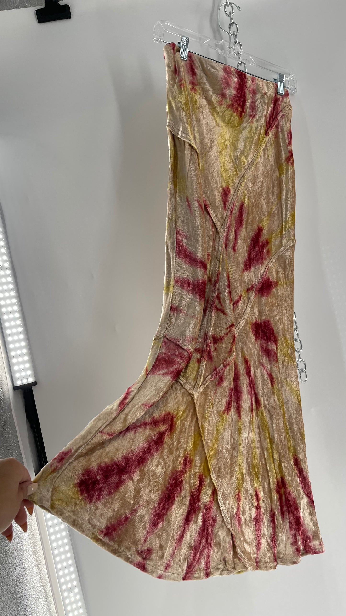 Free People Tie Dye Crushed Velvet Full Length Skirt (Small)