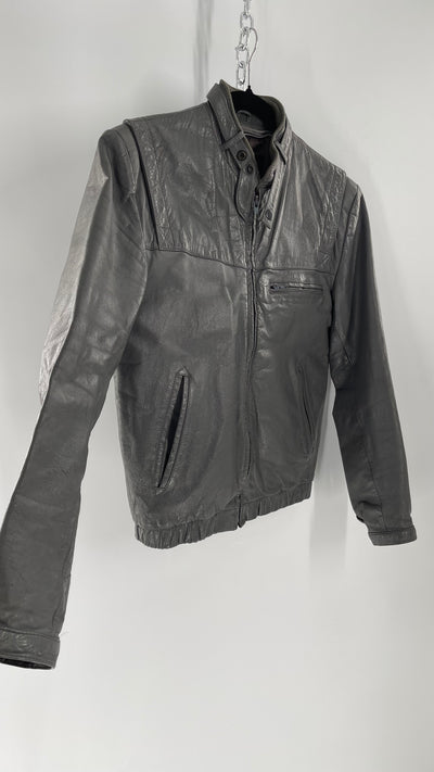 Vintage WILSON Gray Leather Motorcycle Jacket with Neck Strap (C)(36)