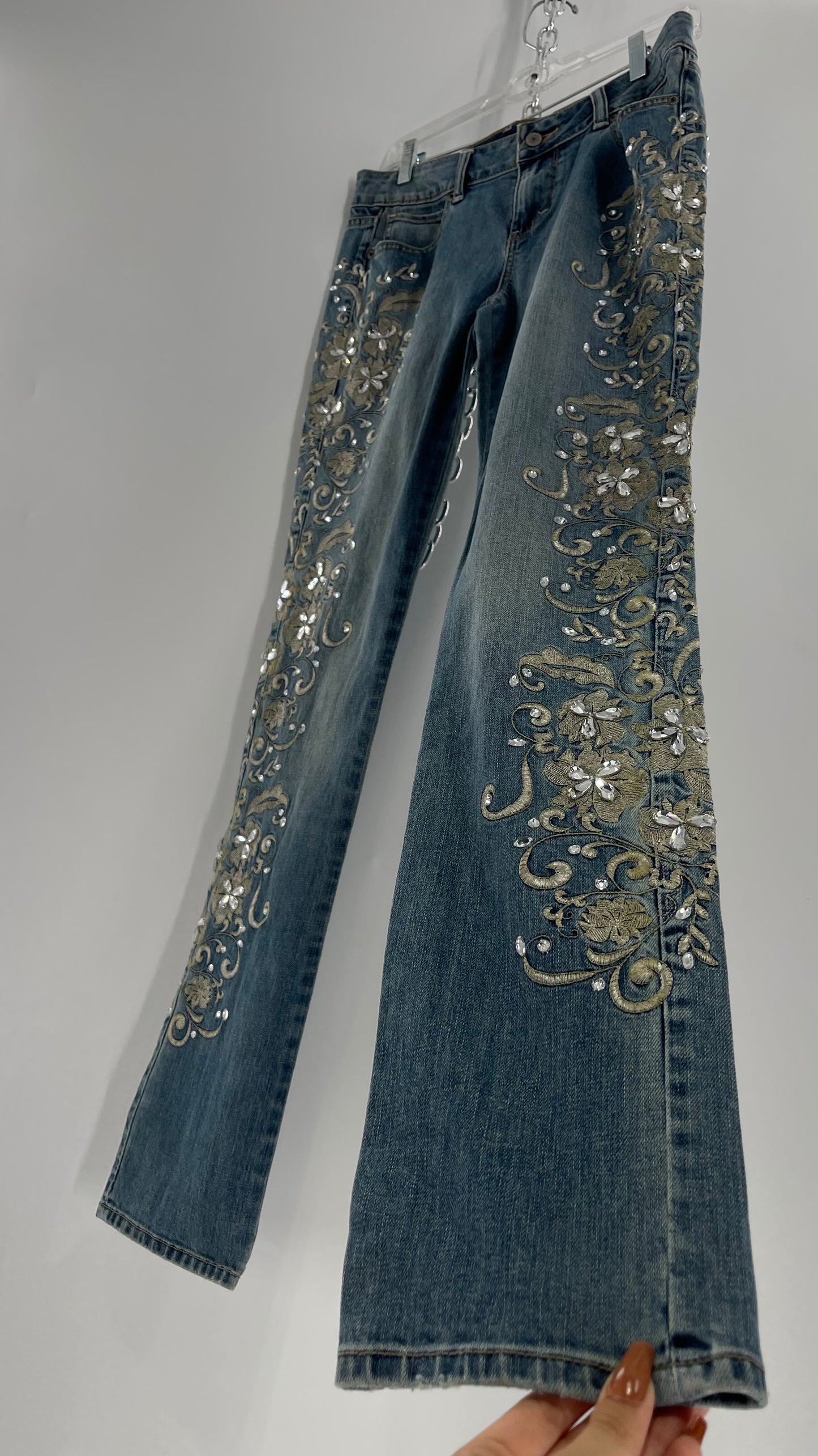 Jean London Jean Light Wash Waist Band to Hem Outer Leg Silver Embroidery with Crystal Rhinestones (6)