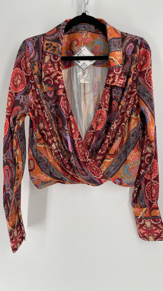 Free People Warm Tones Satin Paisley Drape Front Button Cuff Blouse  (Large)