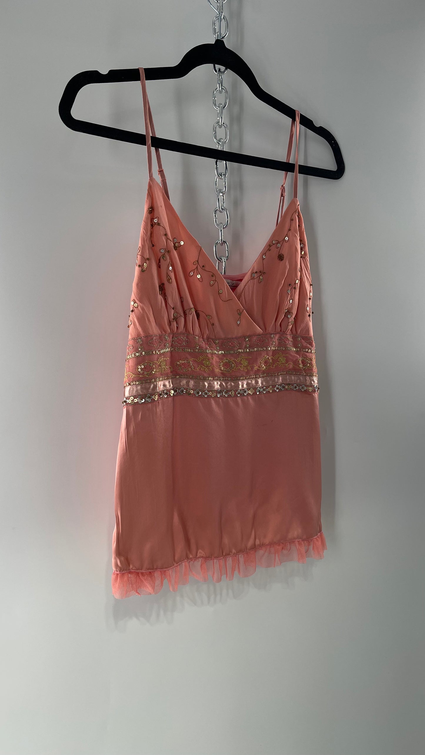 Deadstock Intuitions Pink/Salmon Tank with Lace Trim Hem and Beaded Bodice (Medium)