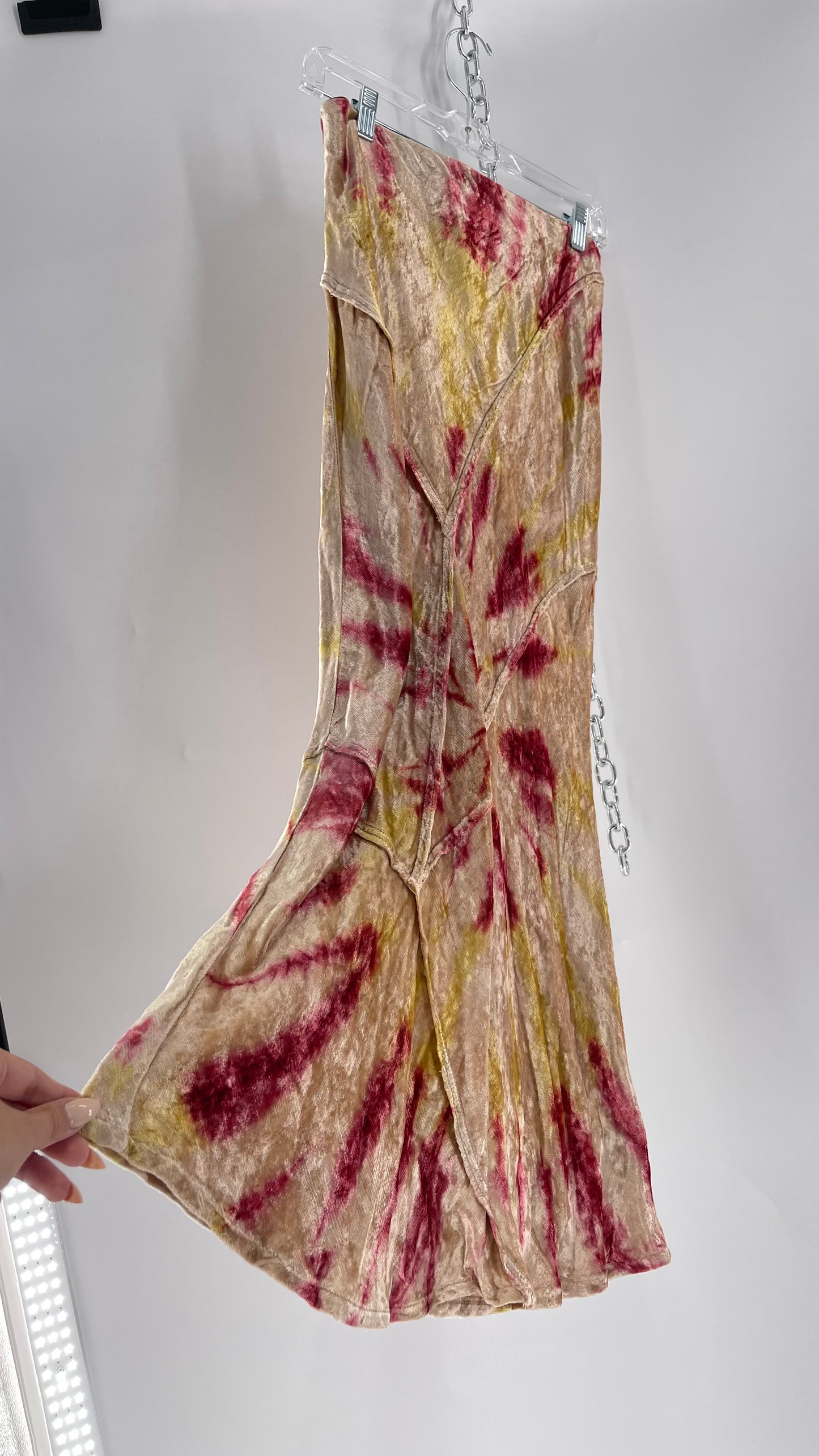 Free People Tie Dye Crushed Velvet Full Length Skirt (Small)