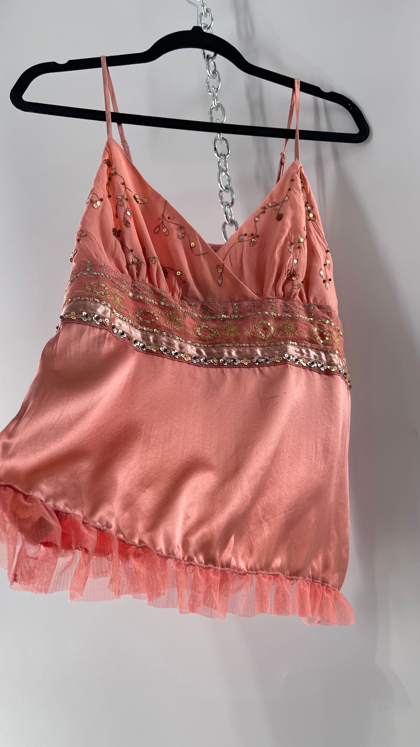 Deadstock Intuitions Pink/Salmon Tank with Lace Trim Hem and Beaded Bodice (Medium)