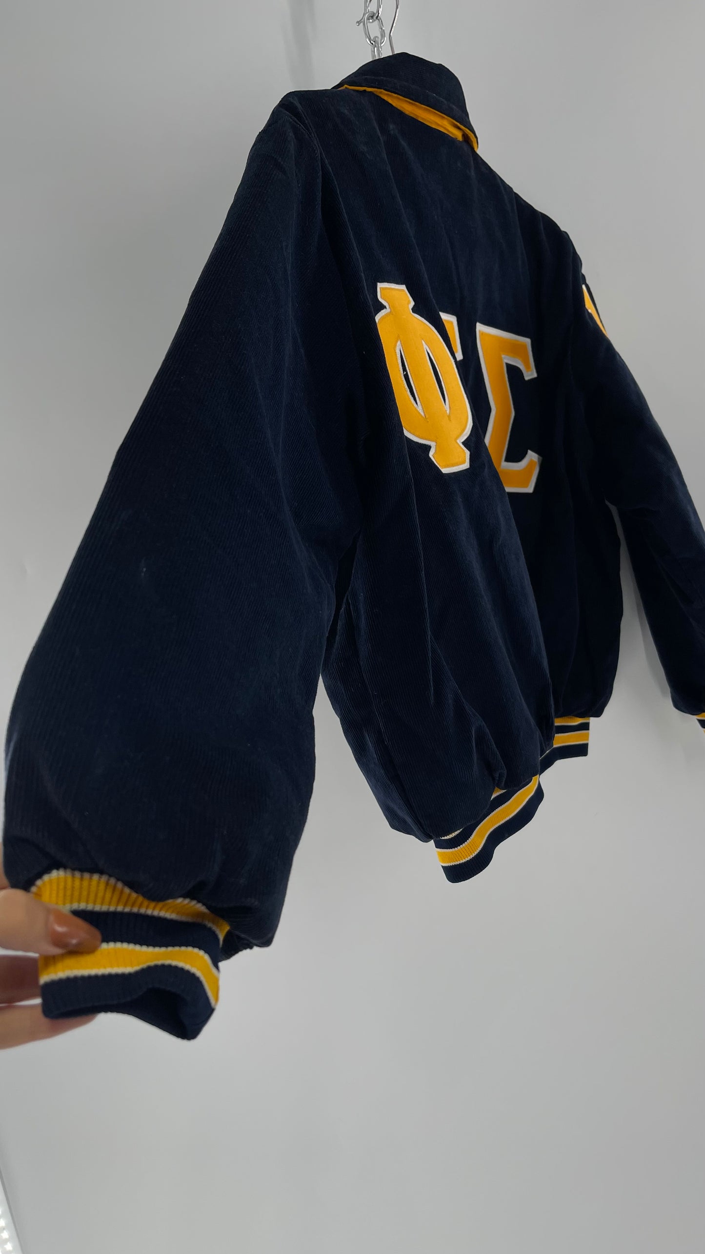Birdie Vintage Phi Sigma Sigma Navy Blue Corduroy Varsity/Sorority Jacket with Contrast Yellow Patches and Embroidered “Paula” Monogram (Large)
