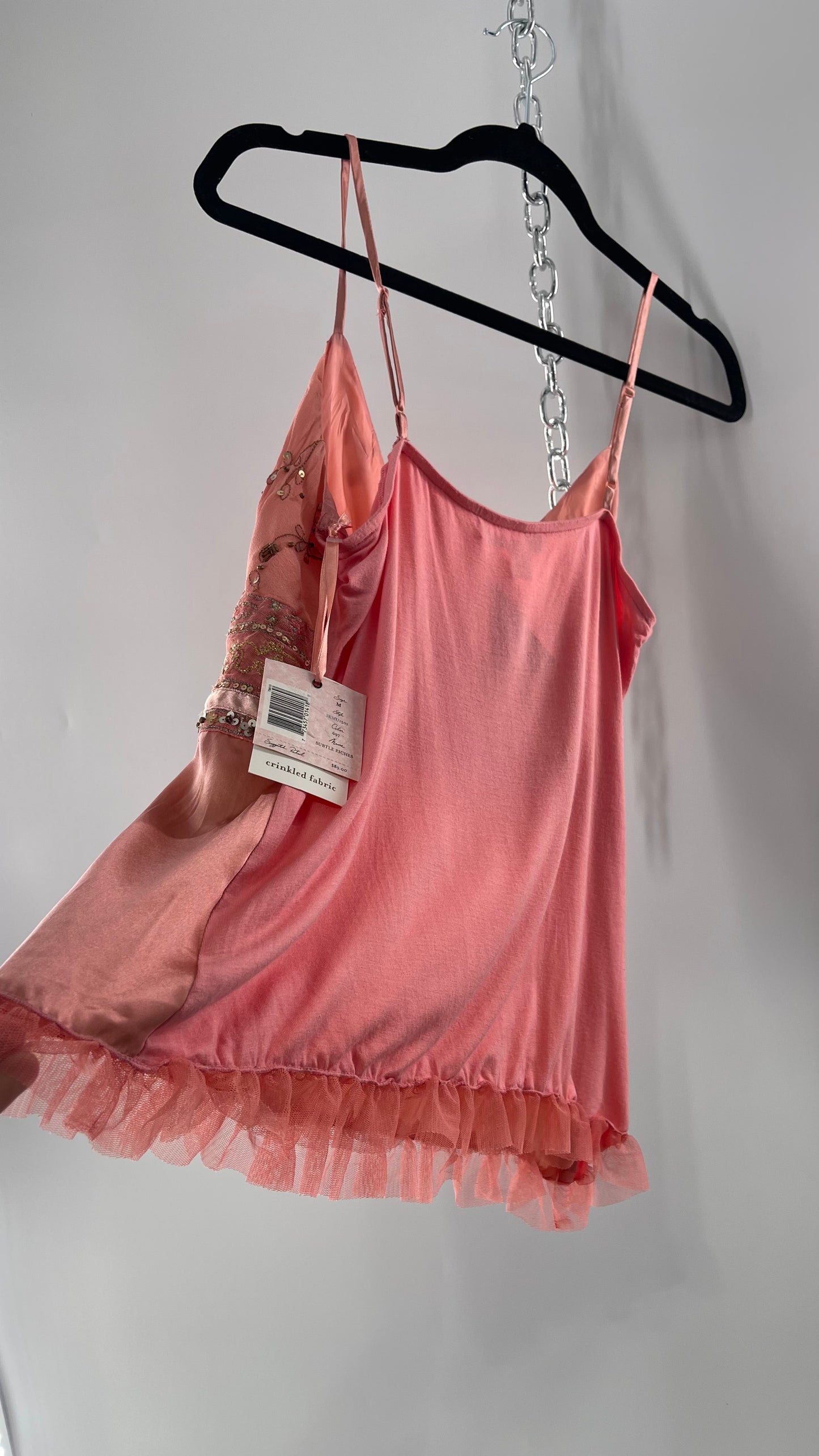 Deadstock Intuitions Pink/Salmon Tank with Lace Trim Hem and Beaded Bodice (Medium)