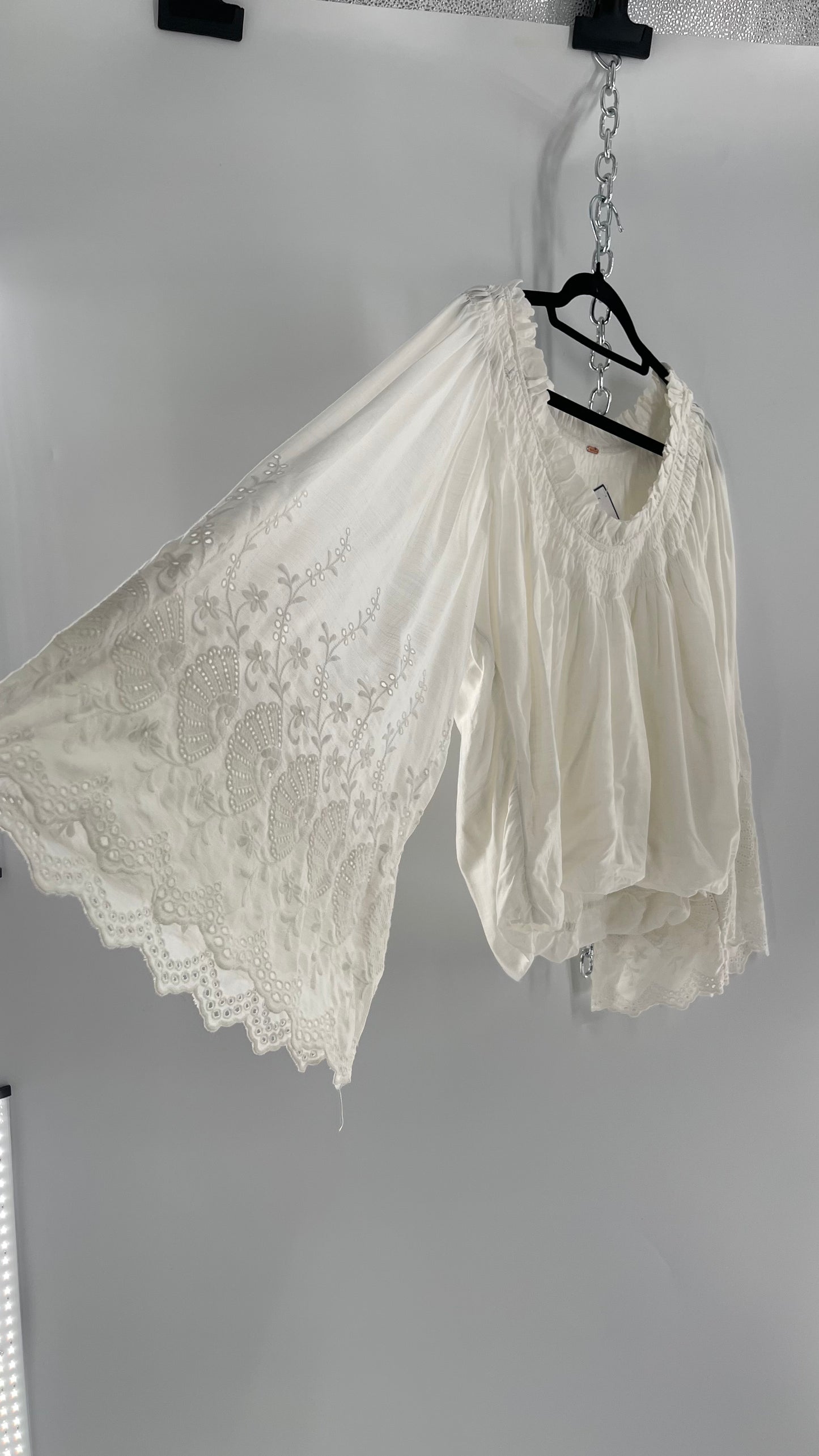Free People White Bubble Hem Blouse with Linen Embroidered Bell Sleeves (Medium)