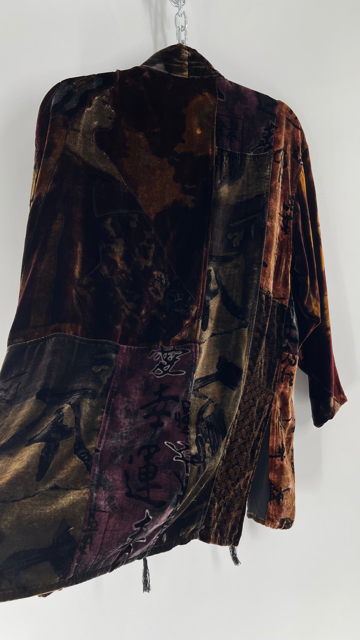 Vintage CHICOS Patchwork Burn Out Velvet Cardigan with Tassel Details