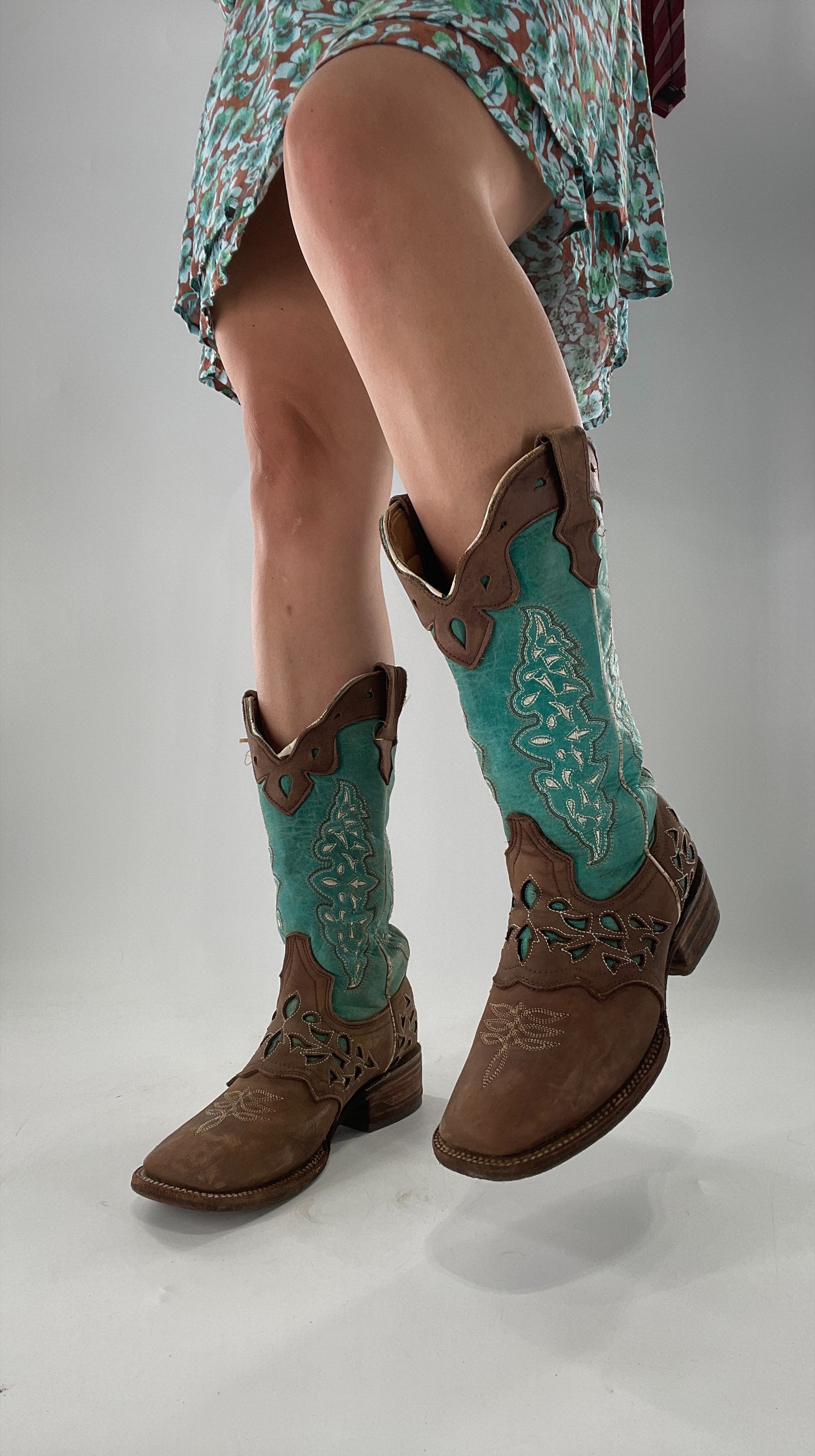 Porto Rebelde Turquoise Blue and Brown Leather Lazer Cut Embroidered Boots (6.5)