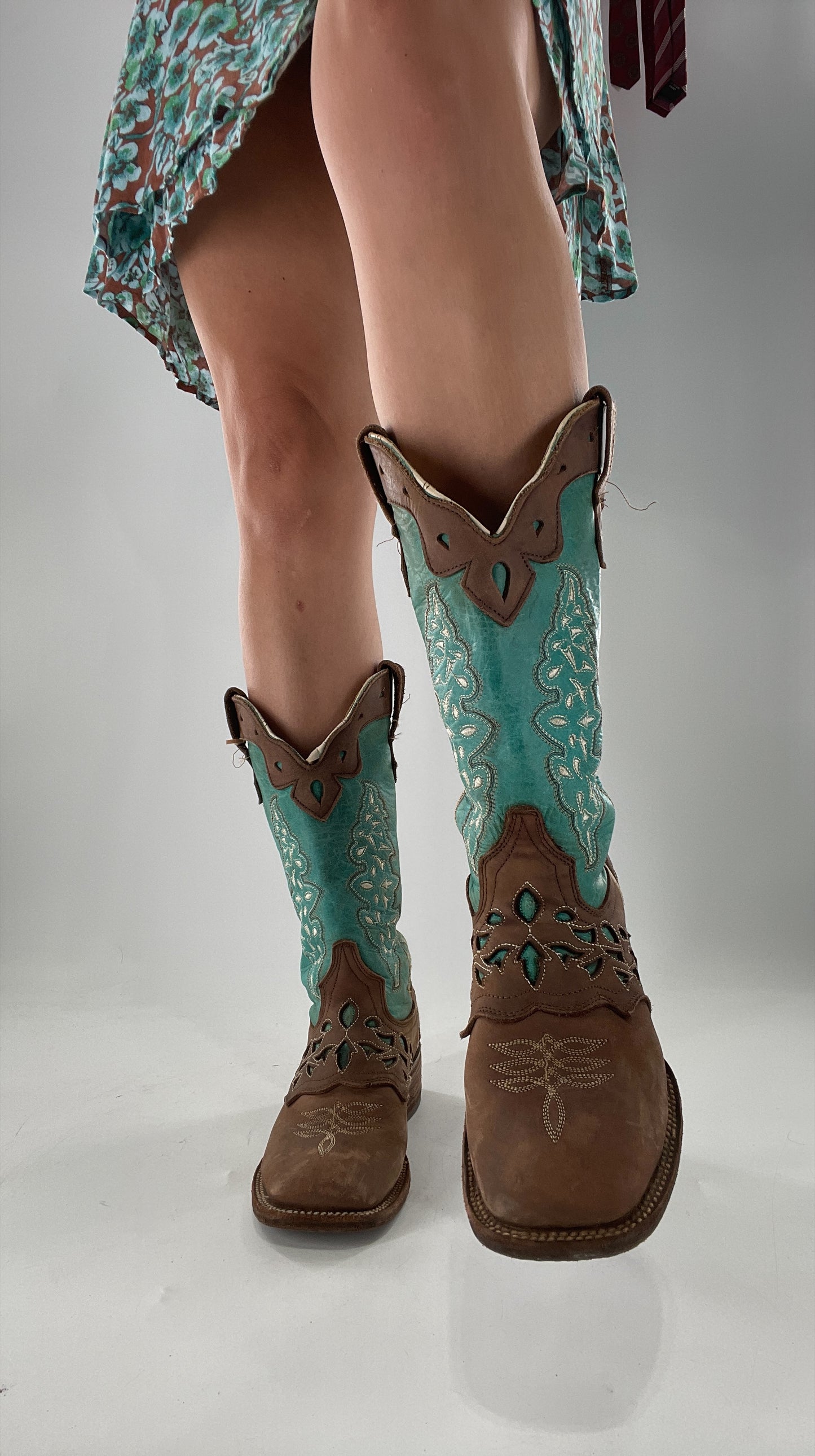 Porto Rebelde Turquoise Blue and Brown Leather Lazer Cut Embroidered Boots (6.5)