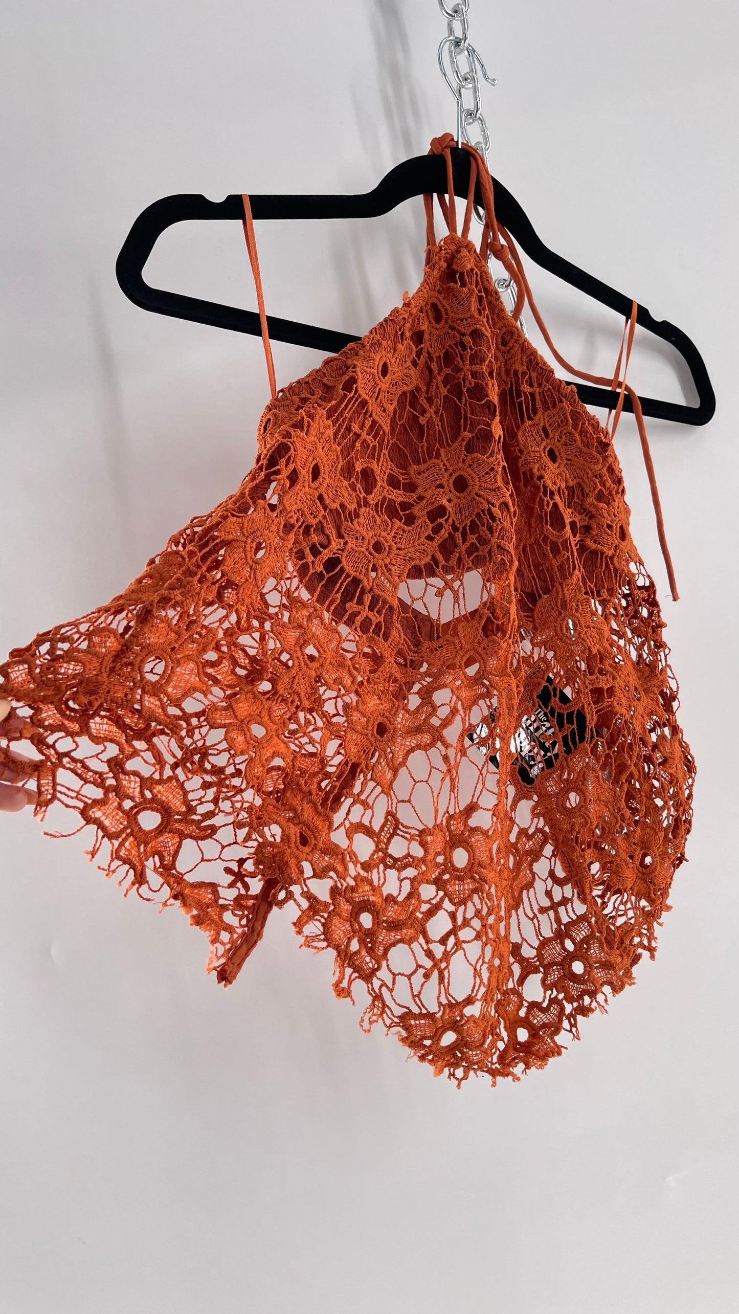 Free People Burnt Orange Lace Halter with Pointed Handkerchief Hem (Medium)