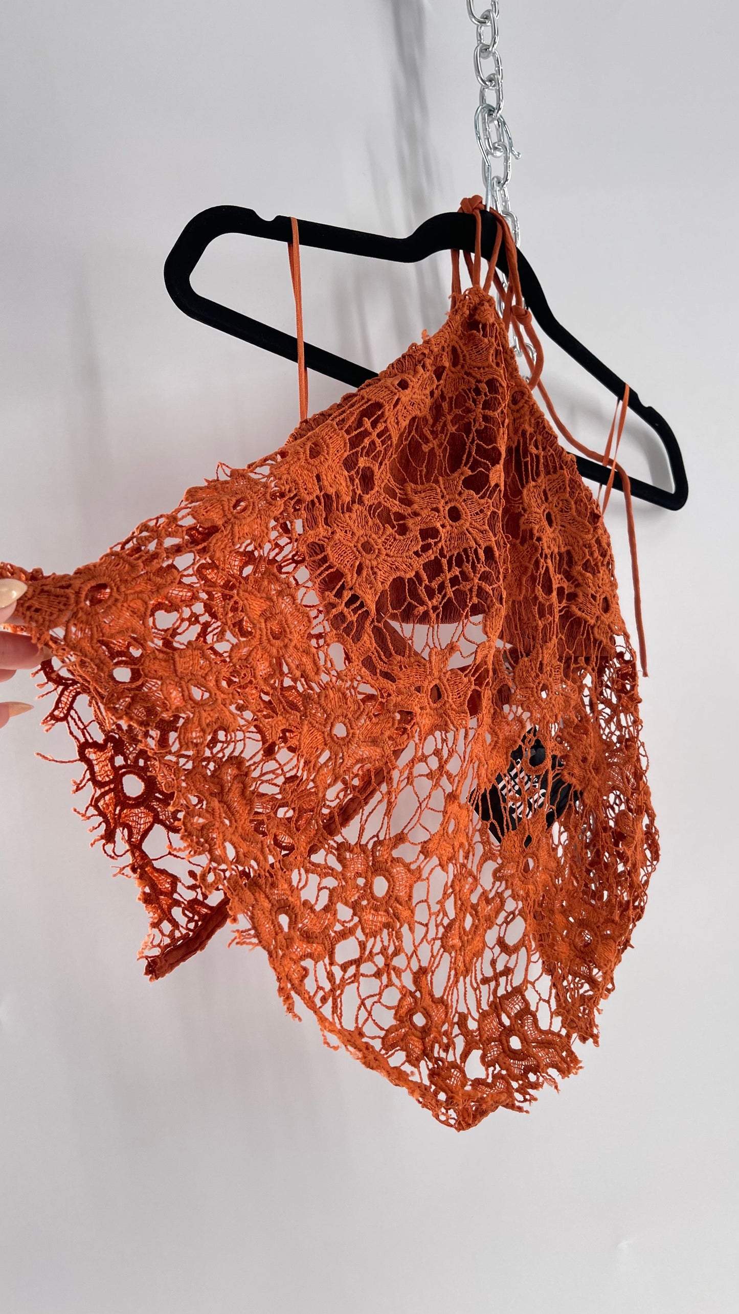 Free People Burnt Orange Lace Halter with Pointed Handkerchief Hem (Medium)