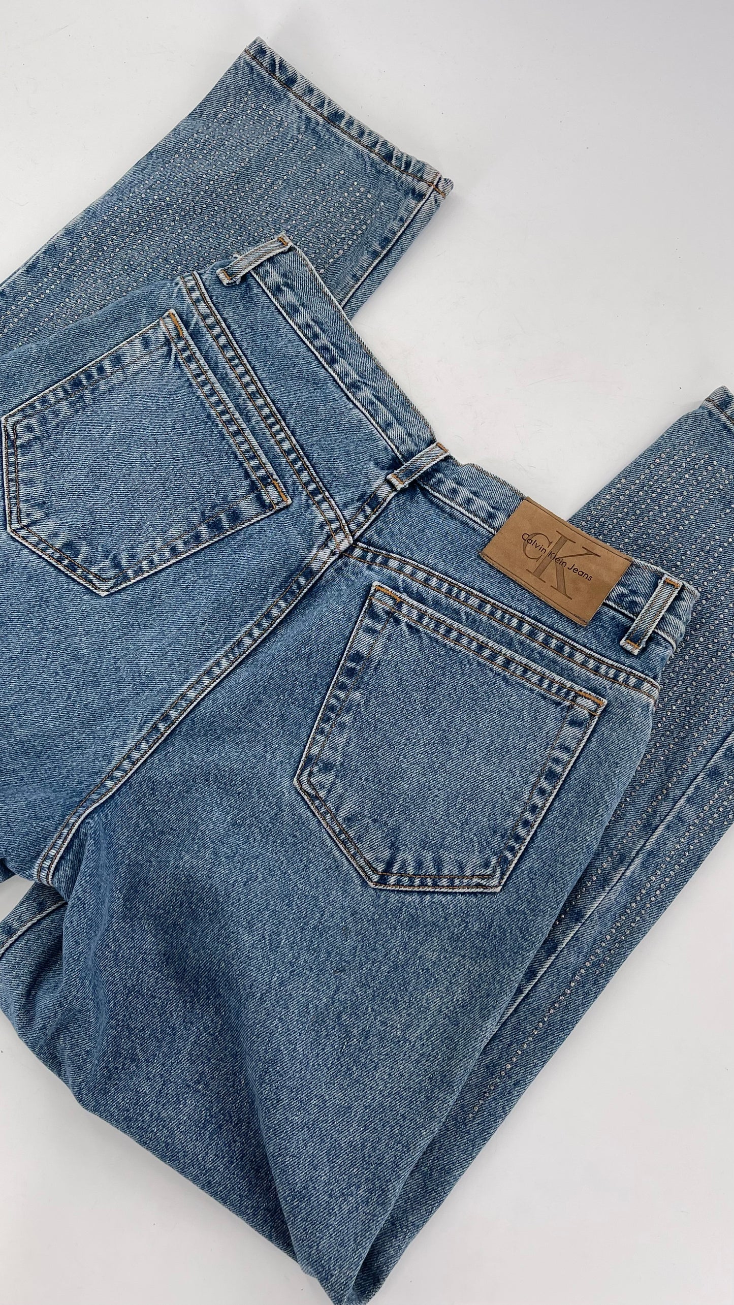 Vintage Calvin Klein Stone Washed Jeans with Silver Glitter Hem (29/30)