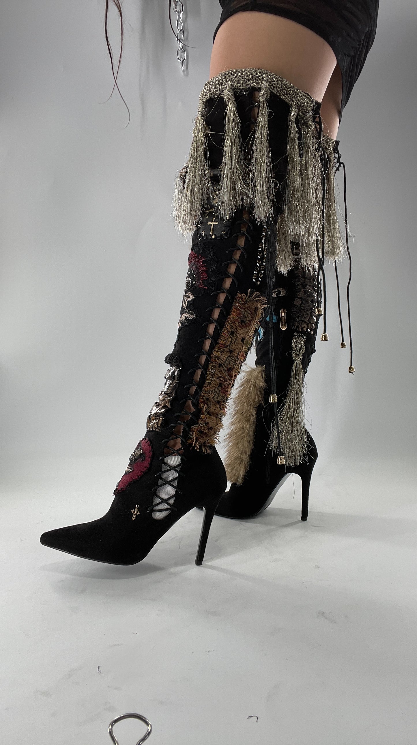 Custom Hand Sewn + Embroidered Thigh High Boots (7.5)