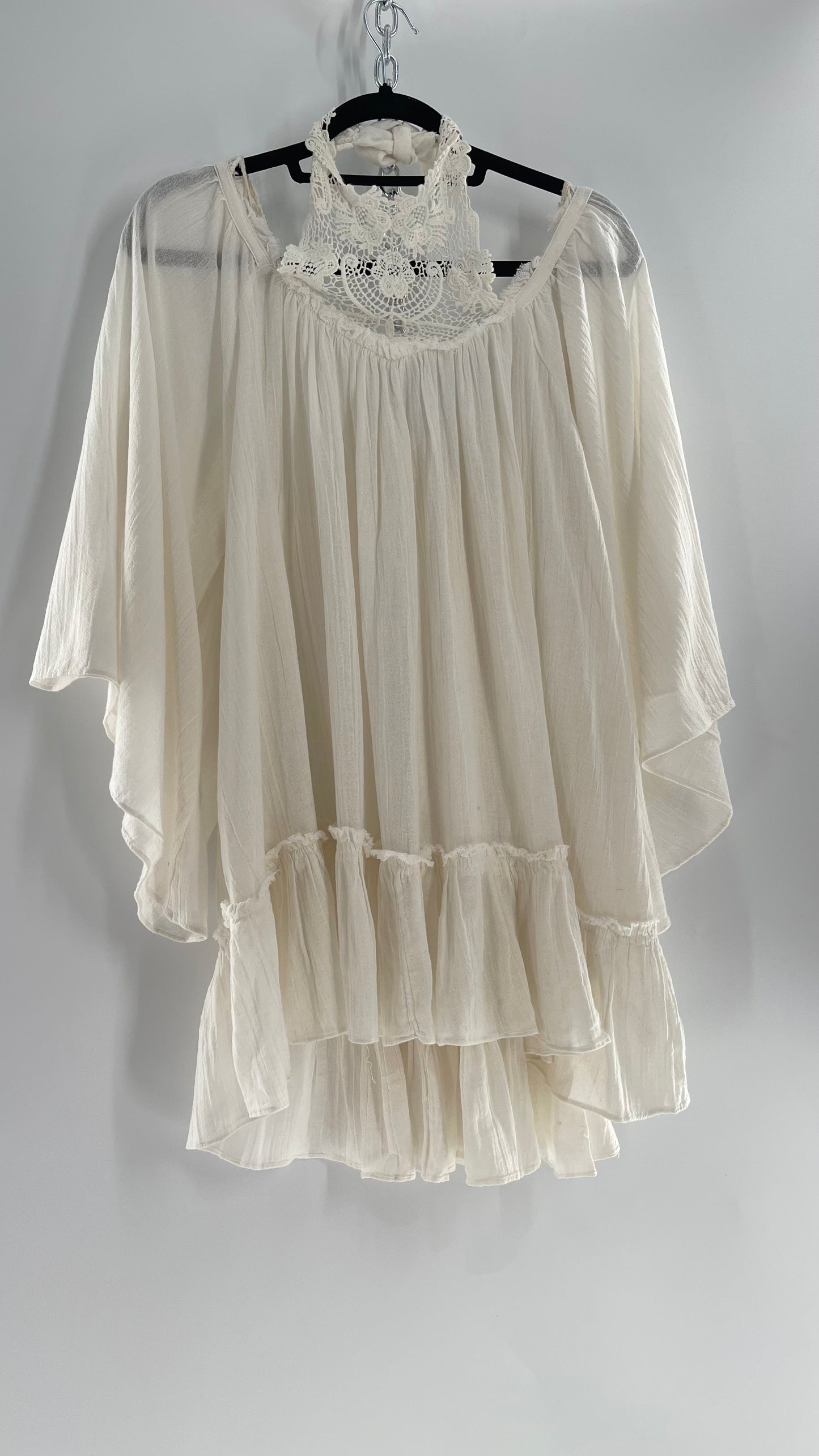 Free People Flowy Gauze/Cotton Free Flow Dress with Lace Halter (Small)