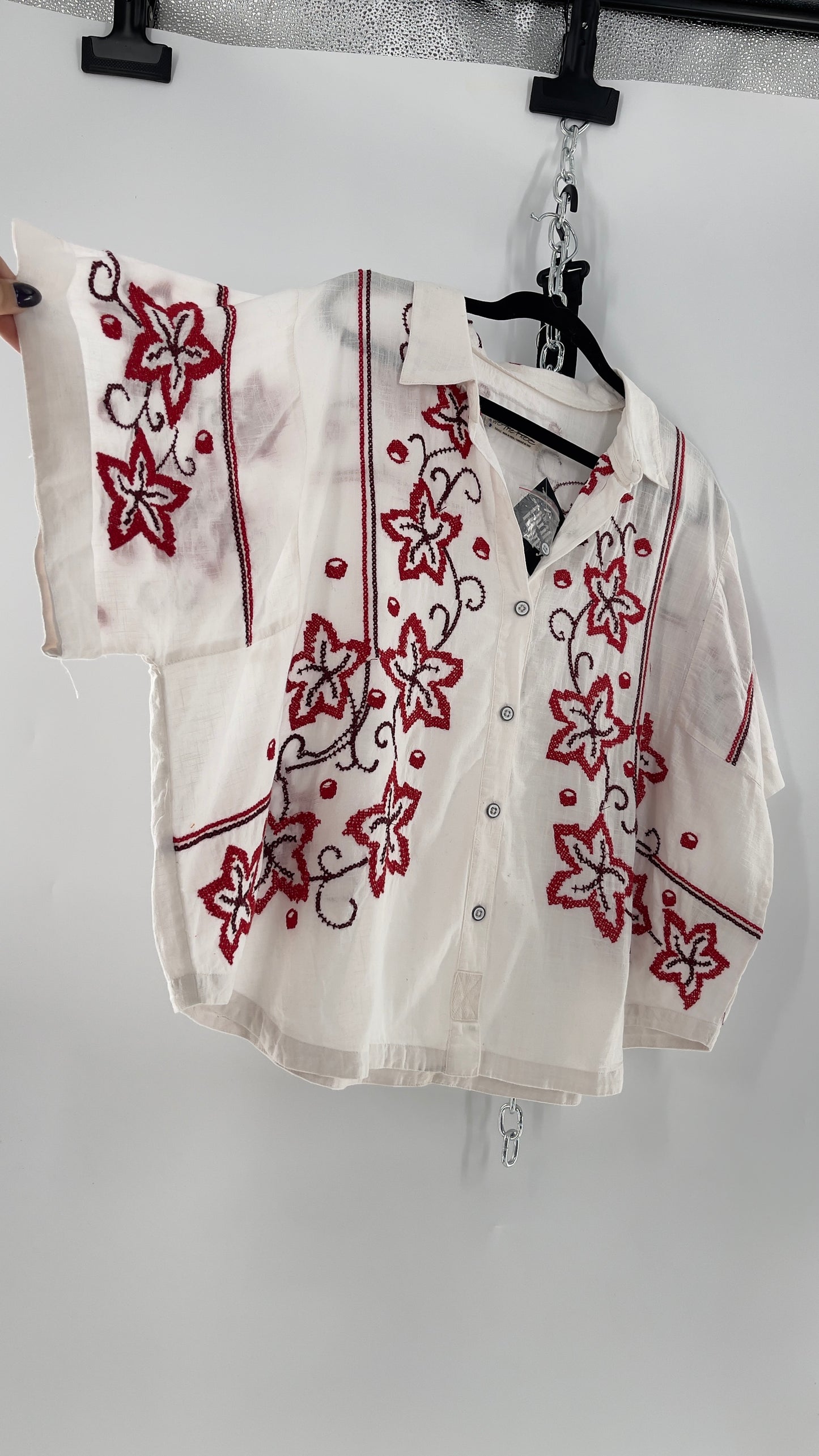 Free People White Cotton Boxy Button Short Sleeve with Red Needlepoint Embroidery (Small)