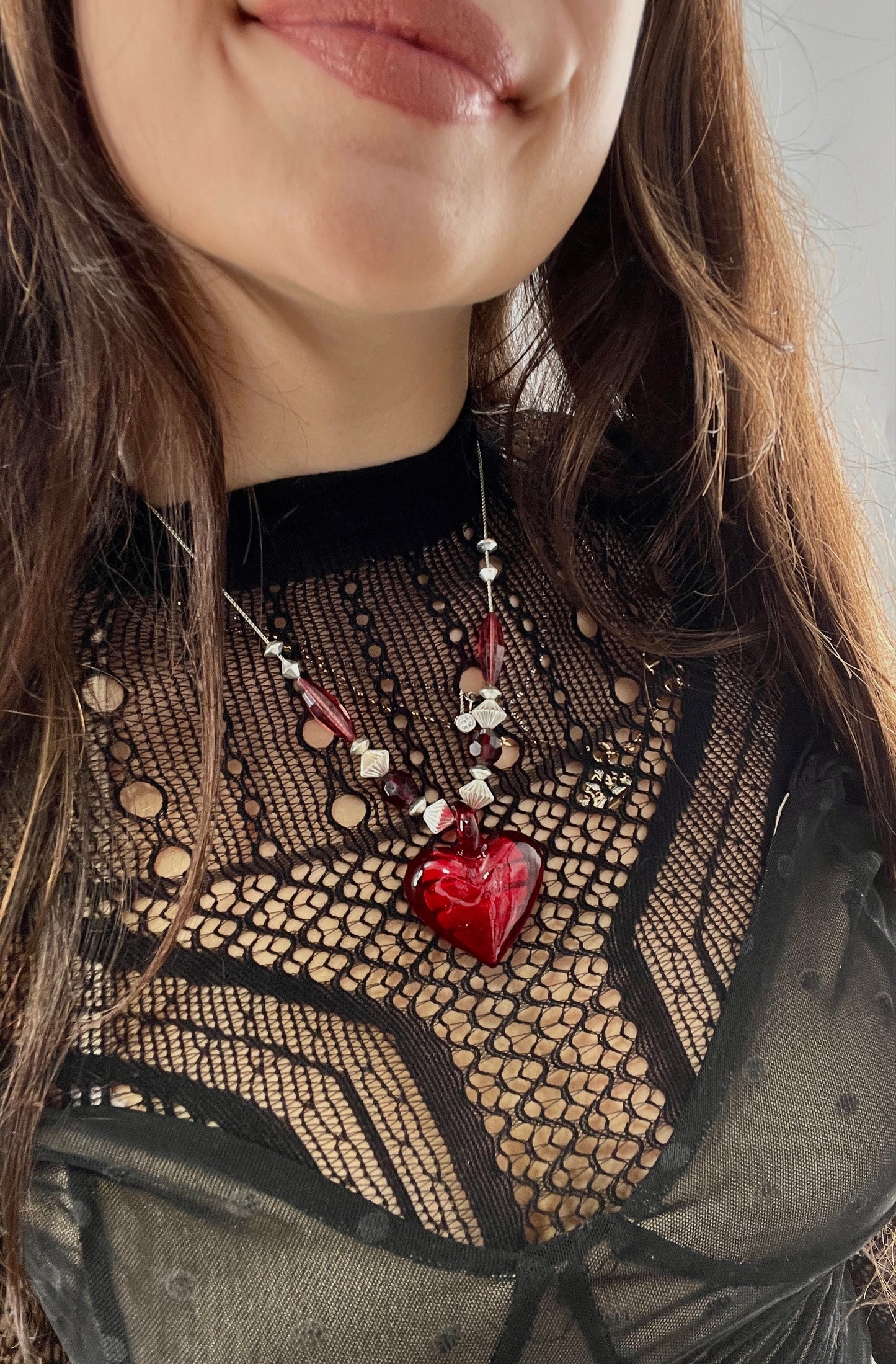 Vintage Glass Hearts Red Choker
