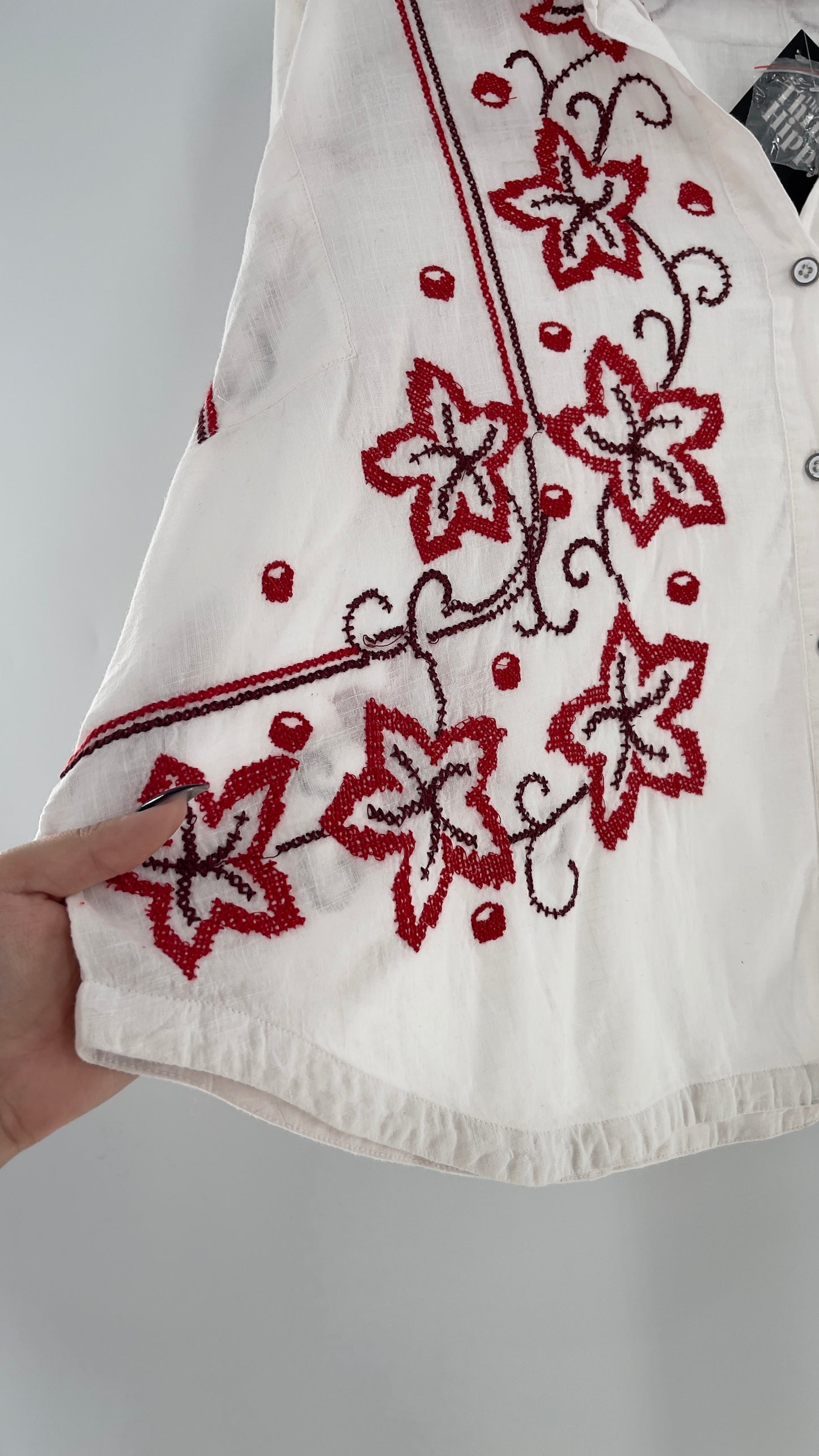 Free People White Cotton Boxy Button Short Sleeve with Red Needlepoint Embroidery (Small)